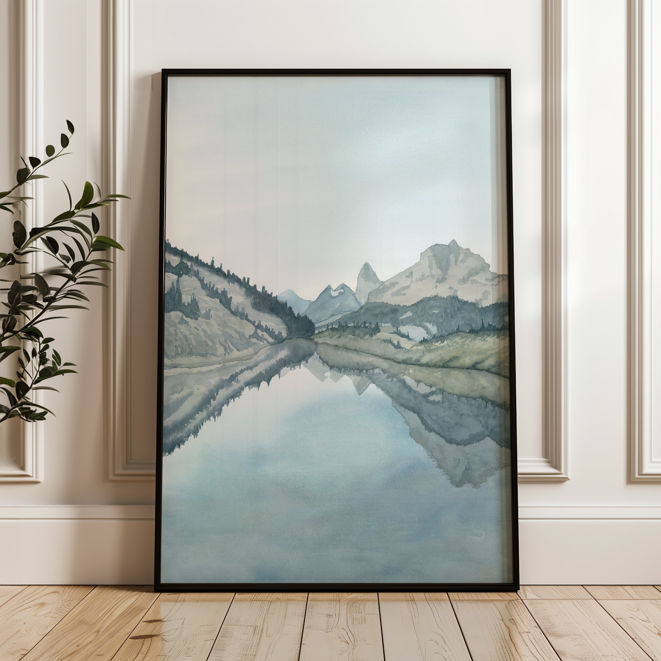 Mount Assiniboine, Banff National Park watercolor mountain landscape wall art print inspired by Canadian Rockies clear blue reflective alpine lakes displayed in a black frame