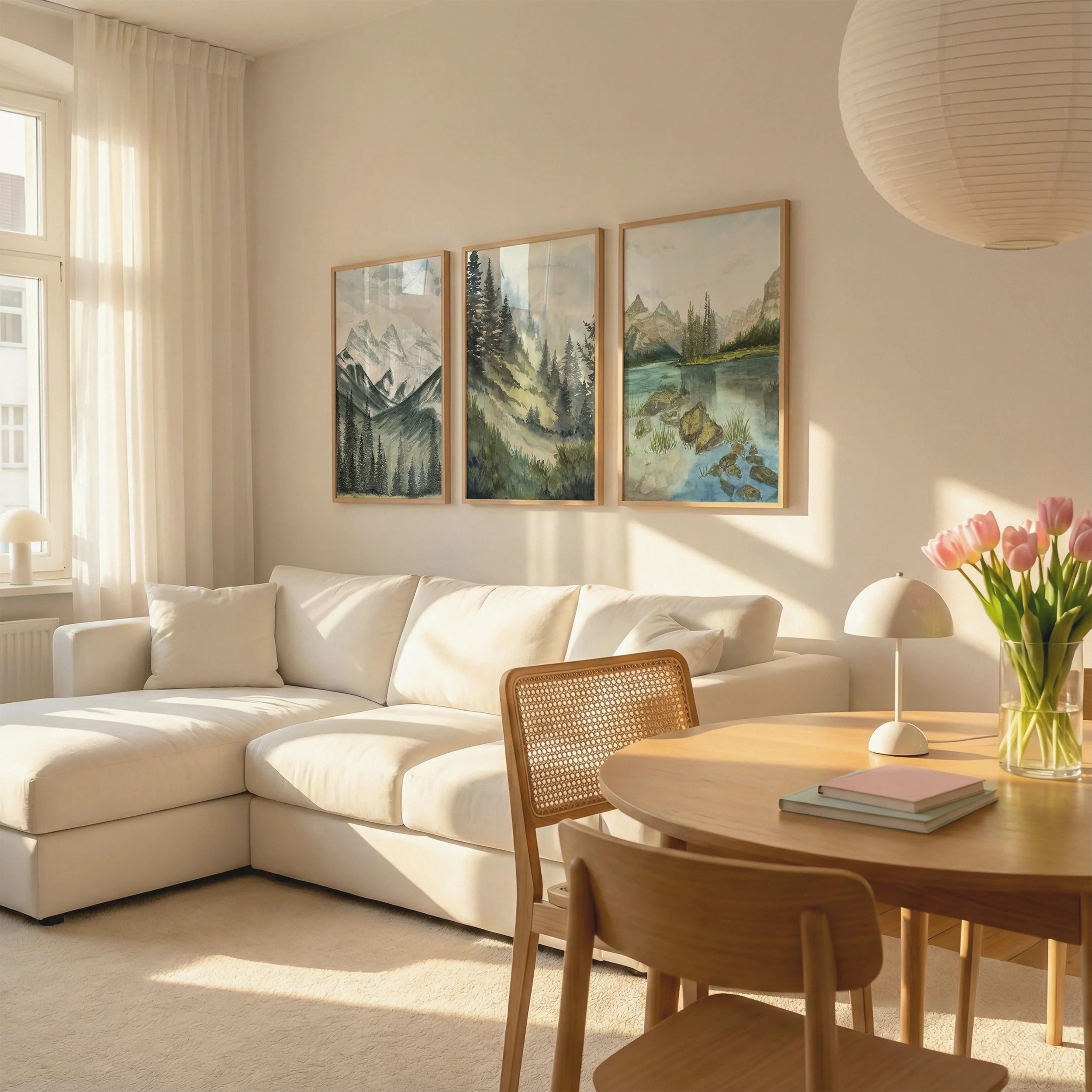 Collection of Mountains and Forests Watercolor Landscape Print Bundle from the Canadian Rocky Mountains hanging above a couch in a living room