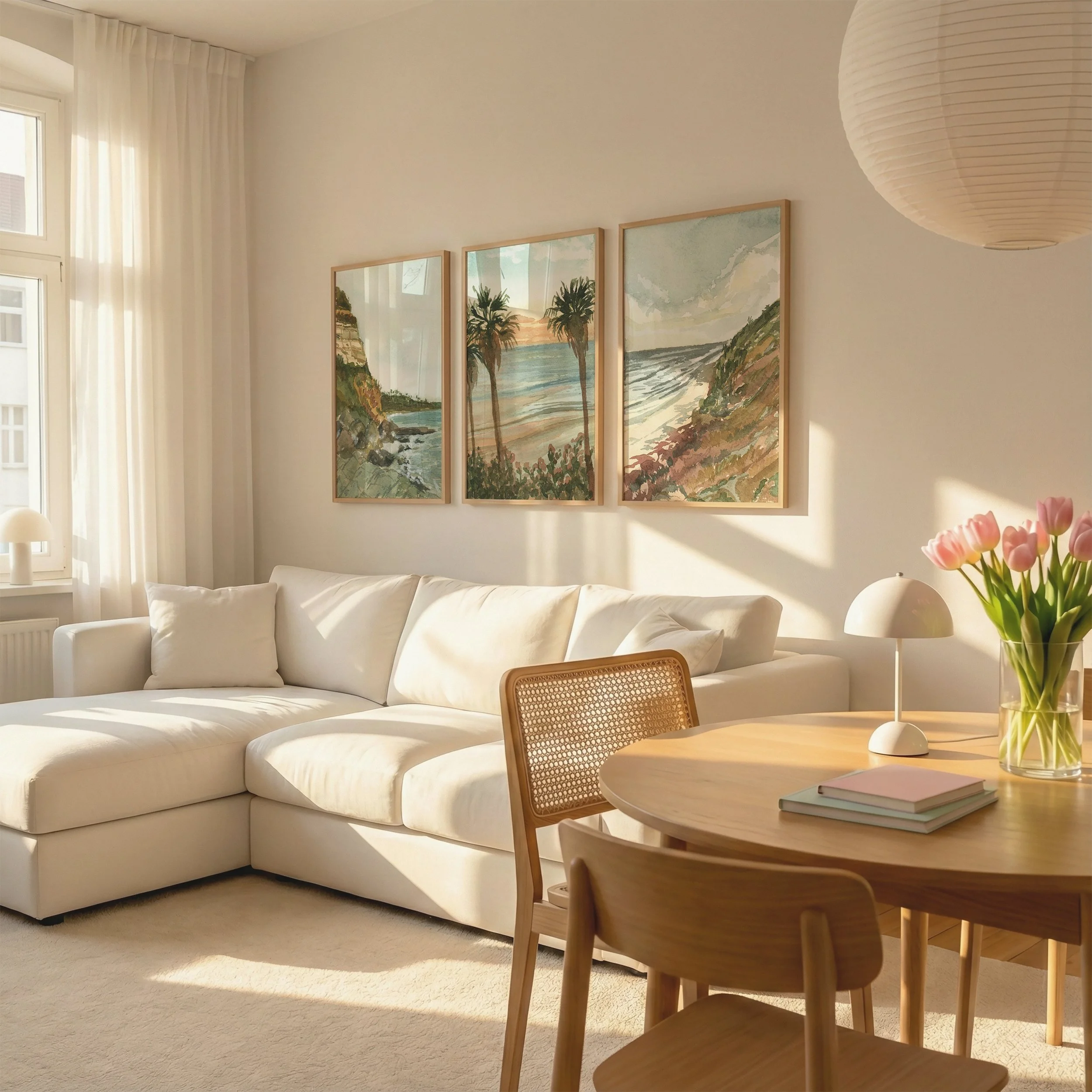 Collection of Watercolor Beach Landscape Prints from Southern California hanging in a living room