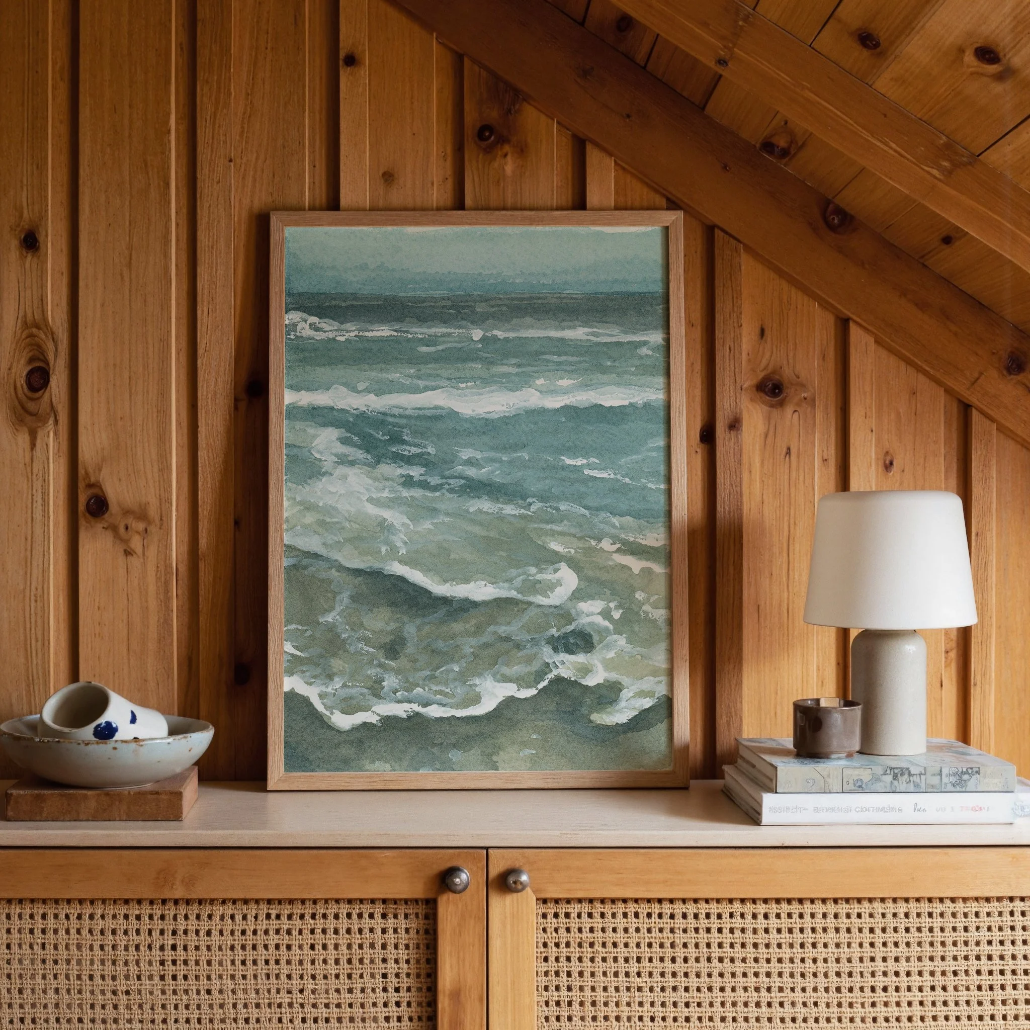 Low Tide Southern California ocean seascape watercolor wall art print. Calm tidepool coastal decor giclee hanging in a cabin