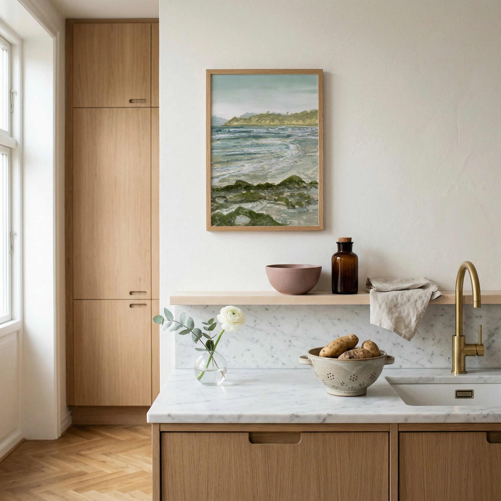 Solana Beach, Encinitas, California coastal watercolor tide pool landscape wall art print. Inspired by soft blues and greens of the Pacific Ocean hanging in a kitchen