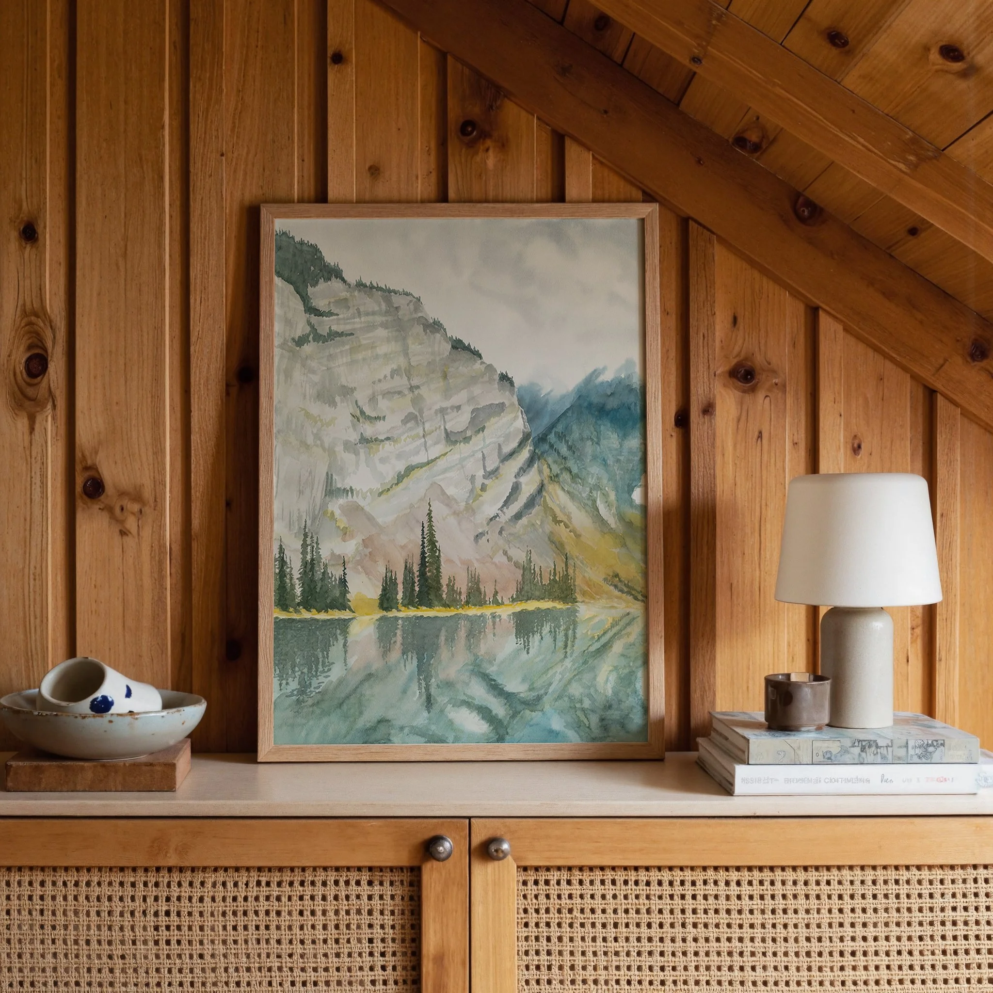 Kananaskis Mountain Landscape Art Print displayed in a wood cabin
