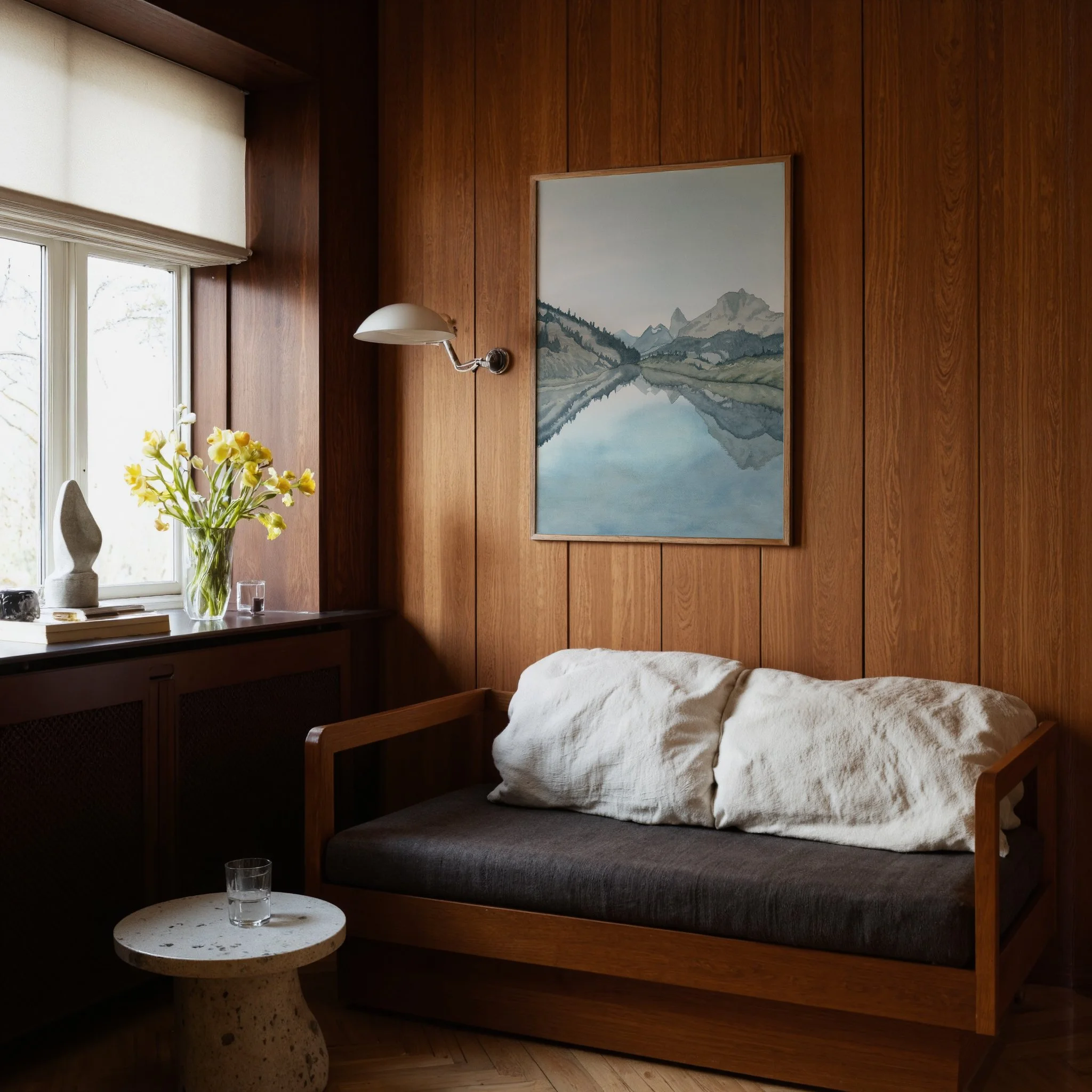 Mount Assiniboine, Banff National Park watercolor mountain landscape wall art print inspired by Canadian Rockies clear blue reflective alpine lakes hanging in a cabin