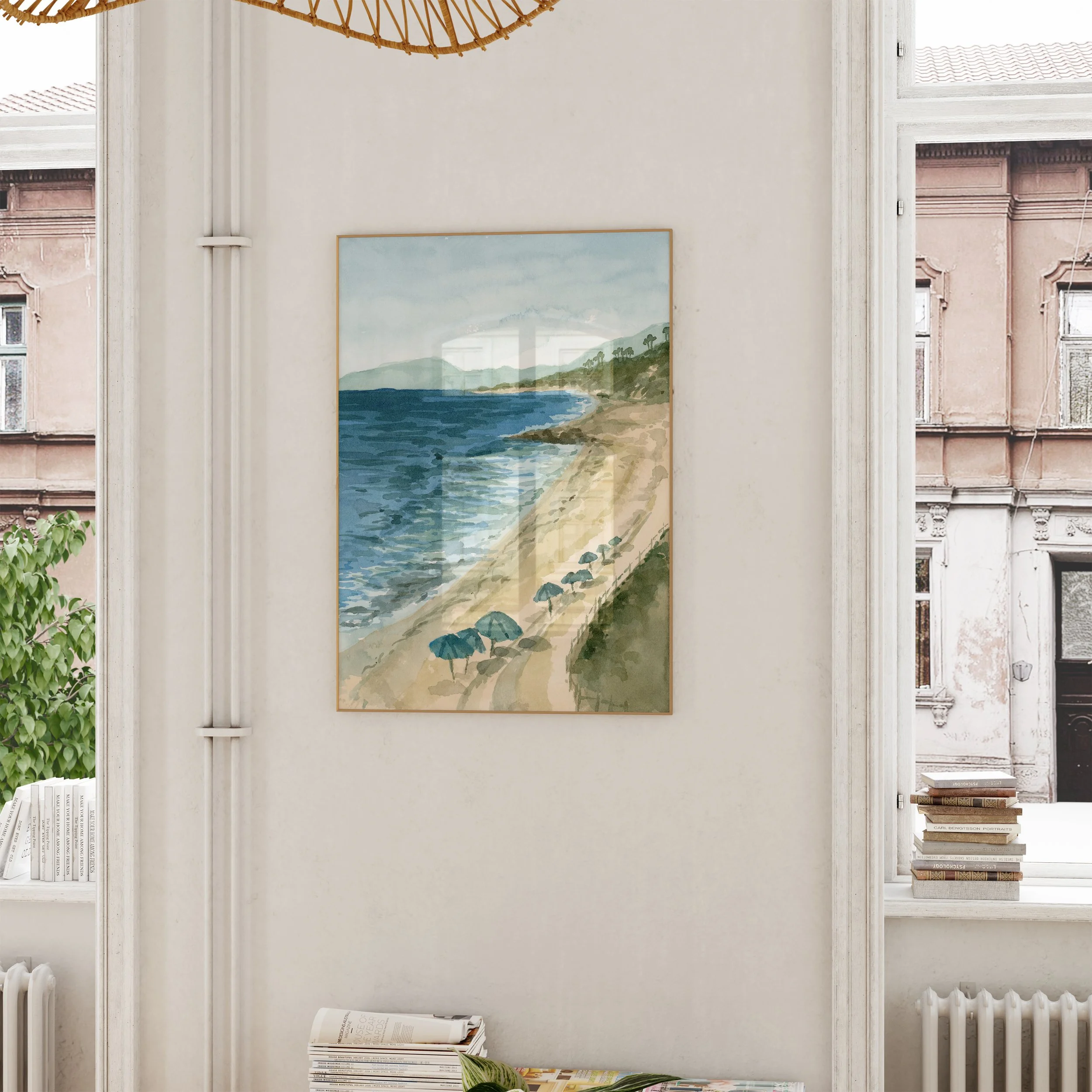 Carlsbad, California coastal watercolor landscape wall art print. San Diego seascape beach Southern California giclee fine art framed and hanging in an apartment