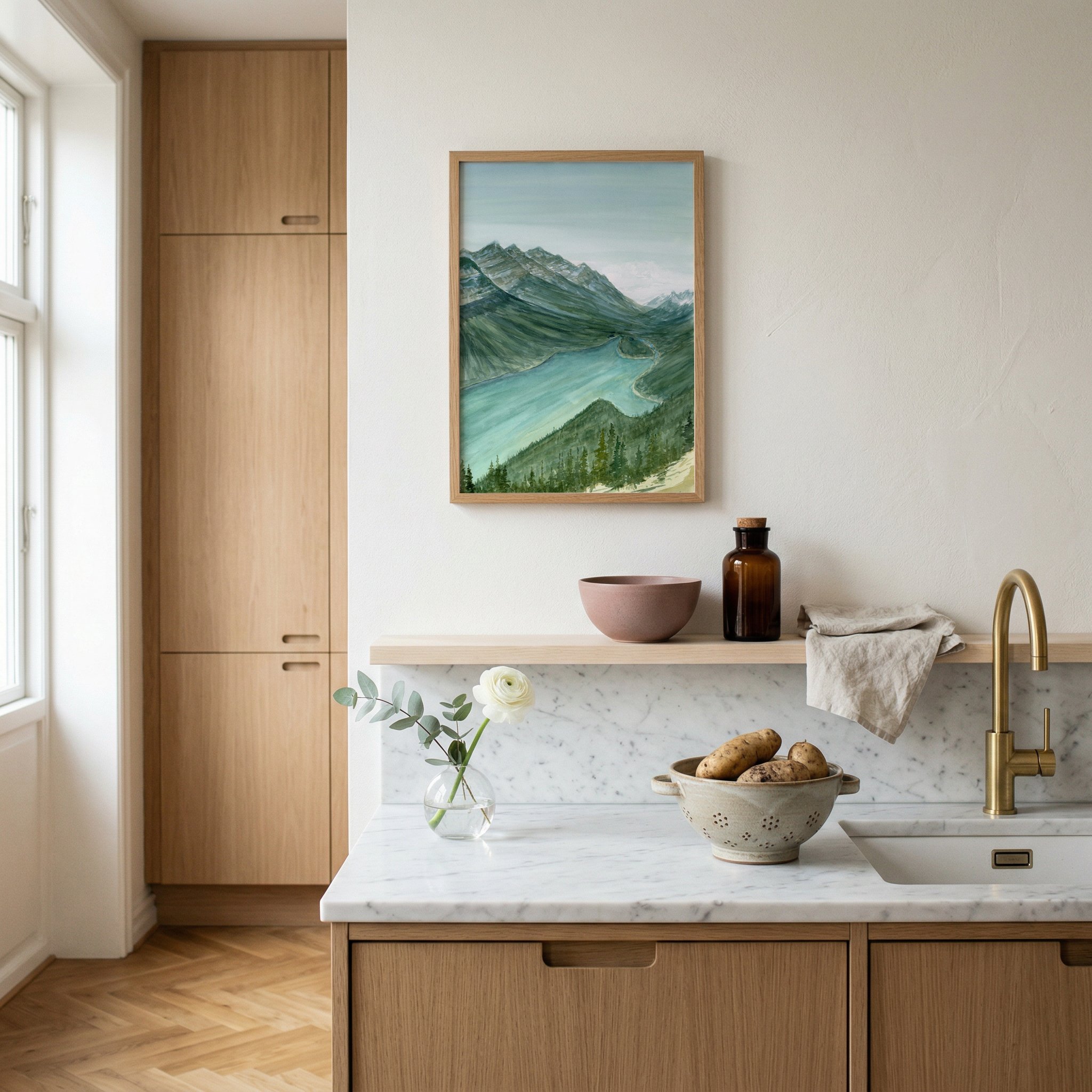 Peyto Lake, Banff National Park watercolor mountain landscape wall art print with turquoise glacier lake and endless towering mountain peaks in the Canadian Rockies hanging in a kitchen