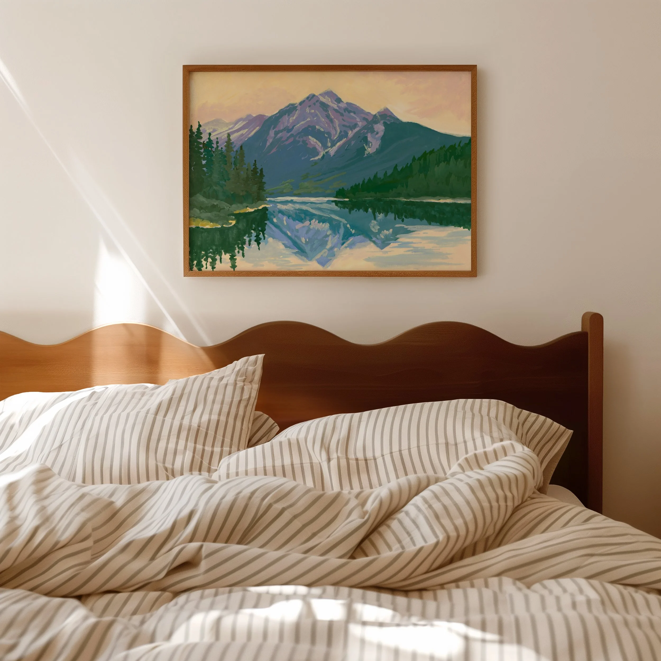 Pyramid Lake, Jasper National Park, Alberta mountain gouache landscape wall art print inspired by mountain peaks reflecting in pristine lakes in colours of blue, green, purple and peach in a bedroom