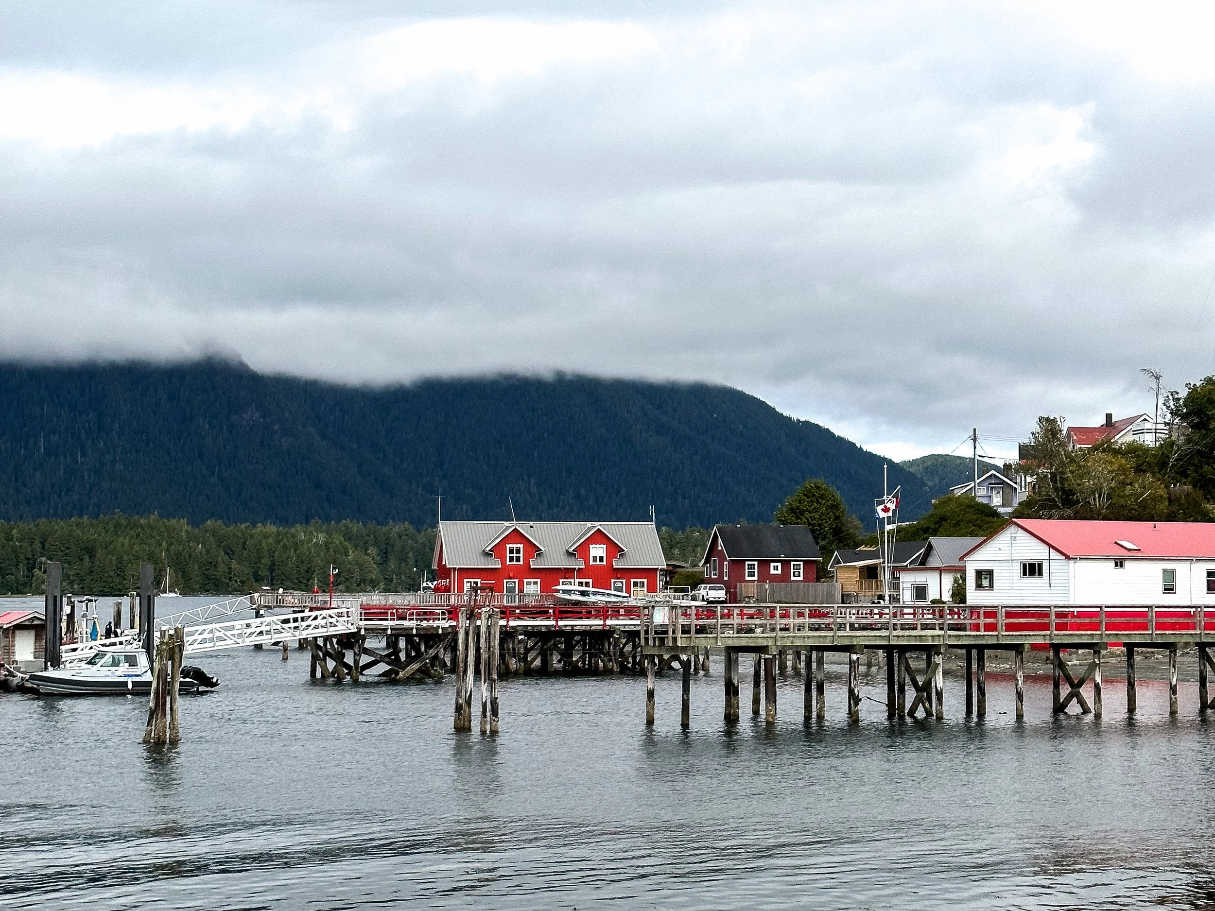 Tofino docks and on the harbor with red and white buildings