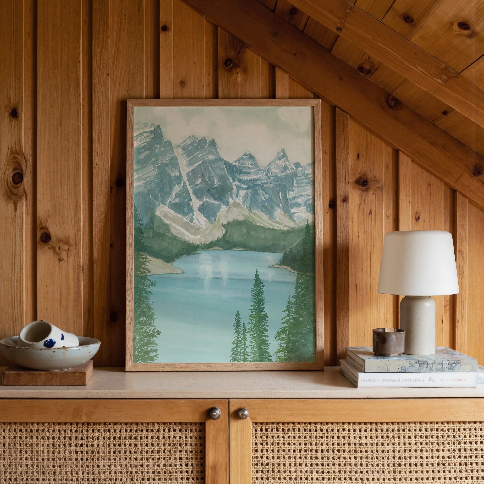 Moraine Lake, Banff National Park, Alberta watercolor mountain landscape wall art print inspired by turquoise glacier lakes and towering mountain peaks hanging in a cabin