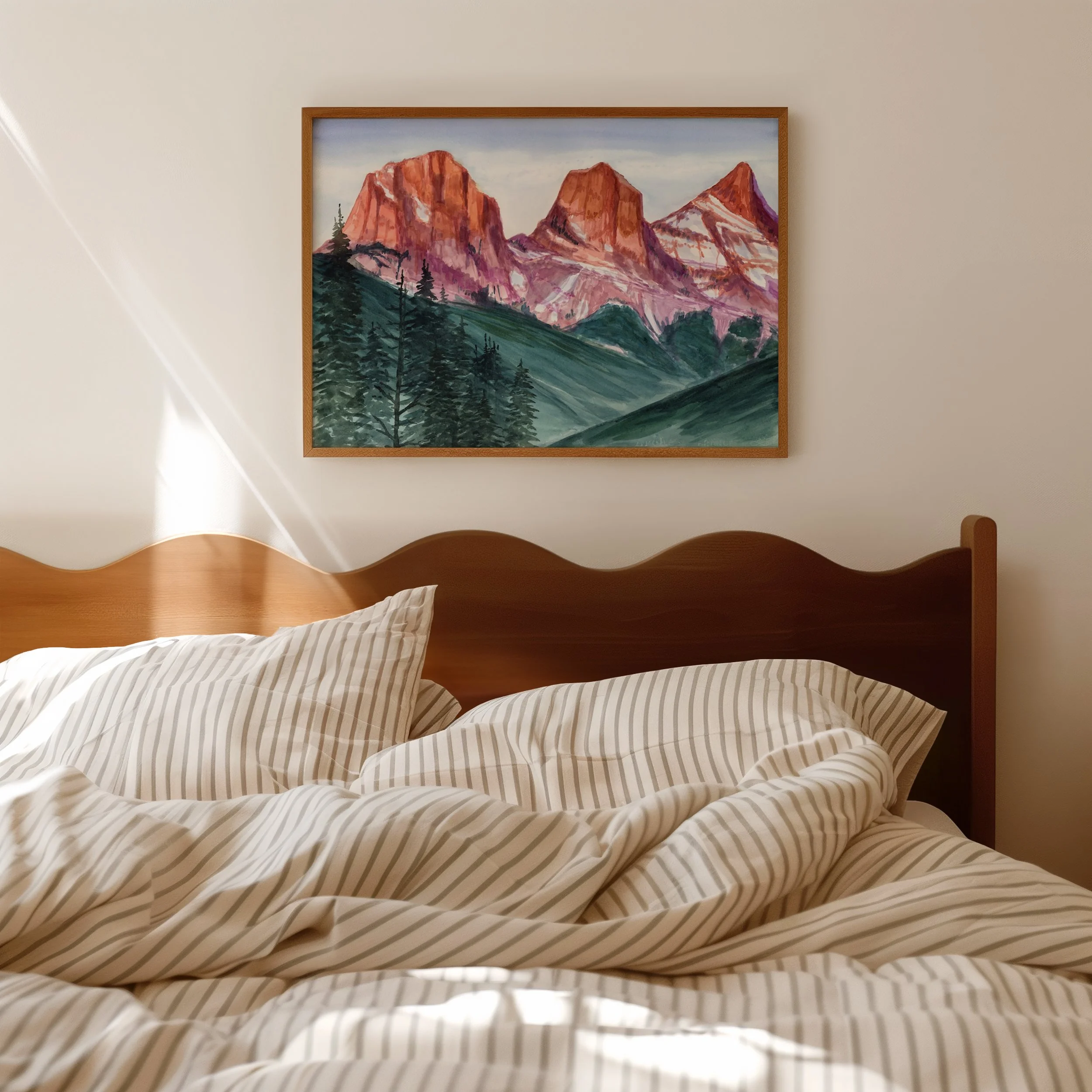 Three Sisters, Canmore Alberta, Banff Mountain landscape at sunset with vibrant colours on mountain peaks hanging in a bedroom