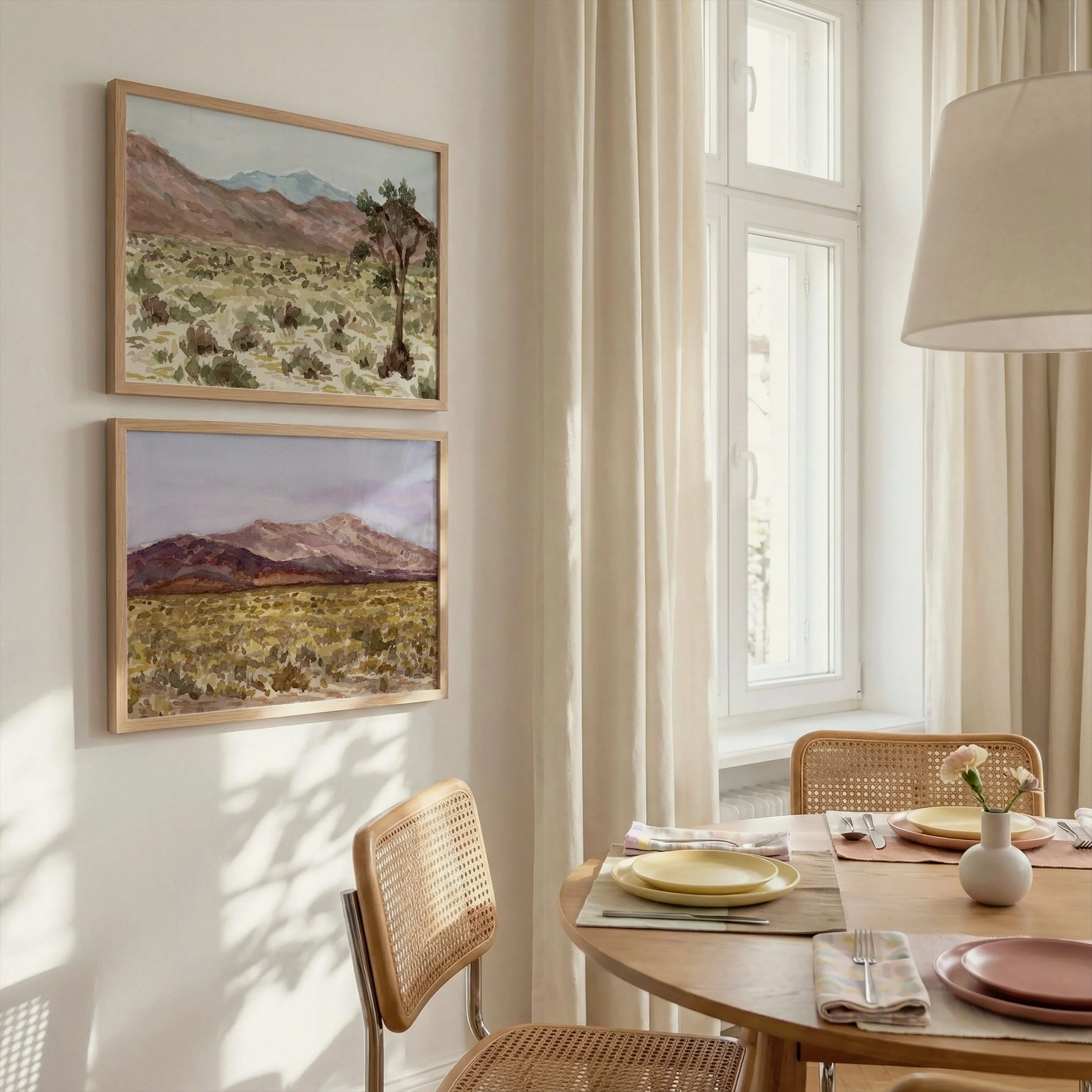 Joshua Tree Desert Watercolor Landscape Print Pair hanging in a dining room