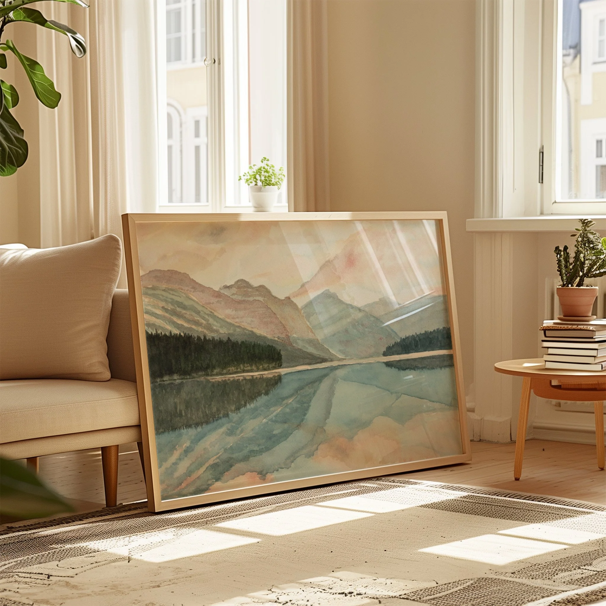 Framed Watercolour Art Print of Waterton Lakes National Park in Alberta in a living room