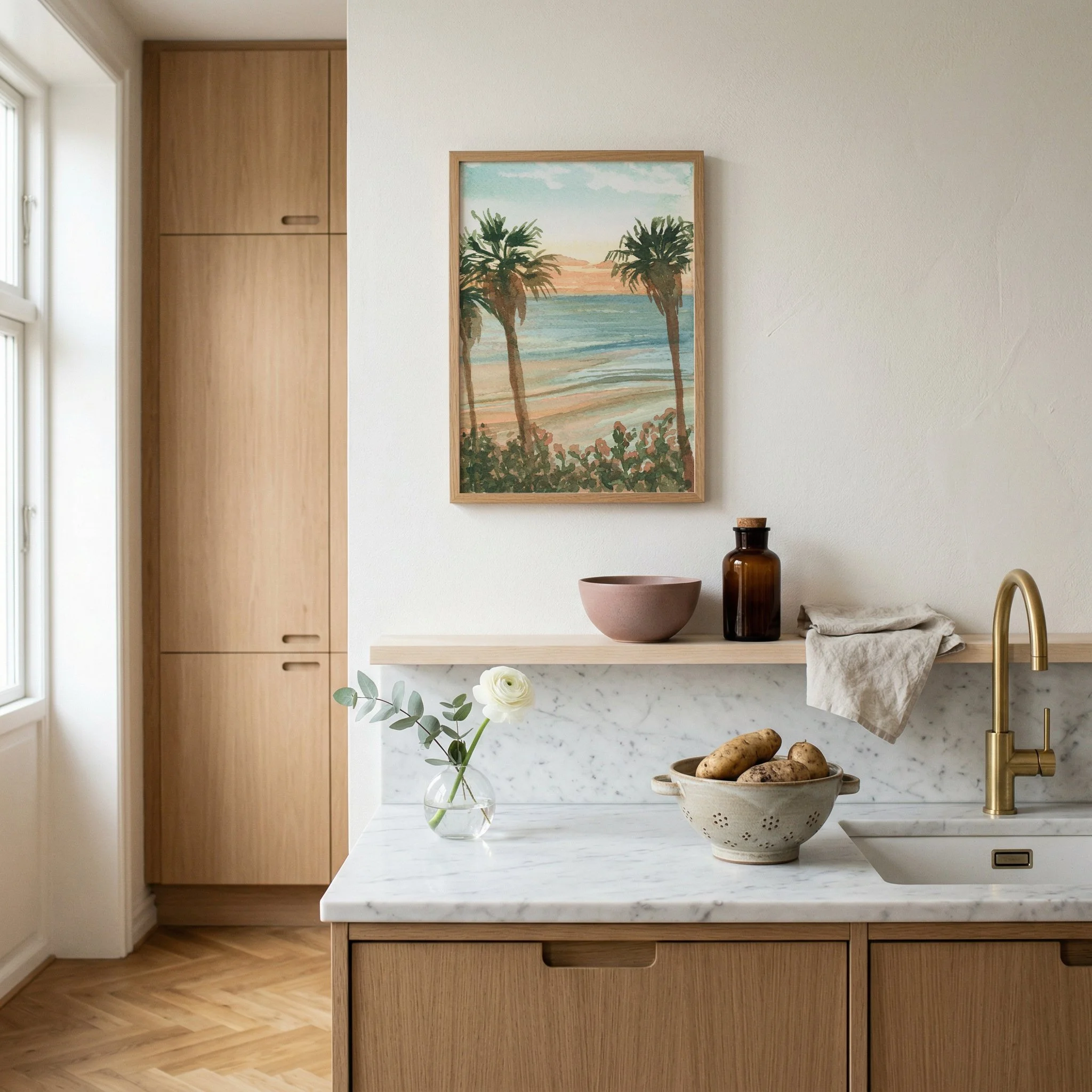 Southern California palm tree coastal sunset watercolor landscape wall art print inspired by vibrant sunsets on the Pacific Ocean hanging in a kitchen