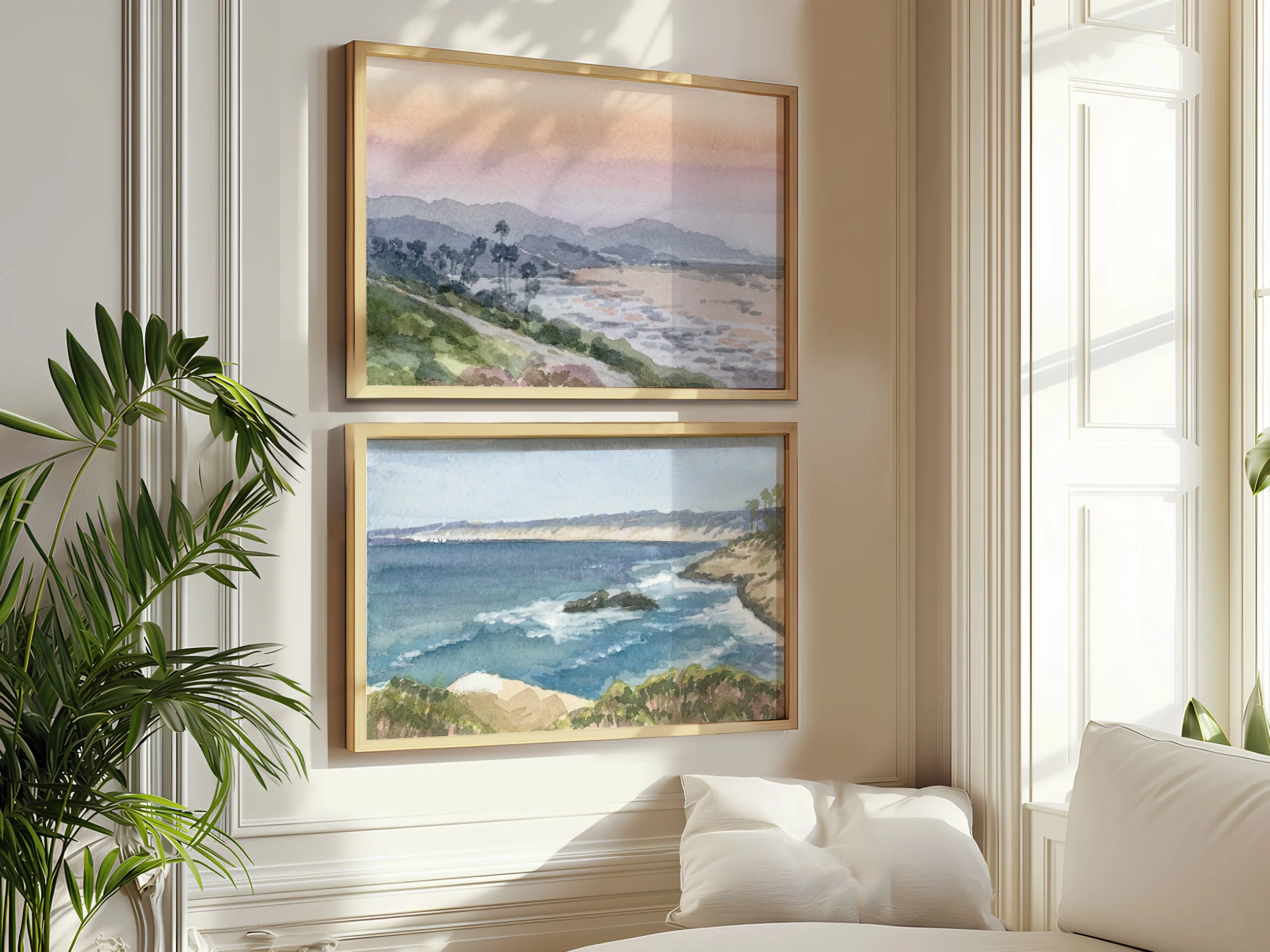 Southern California coastal landscape watercolour art Print Pair with Encinitas sunset and La Jolla Cove