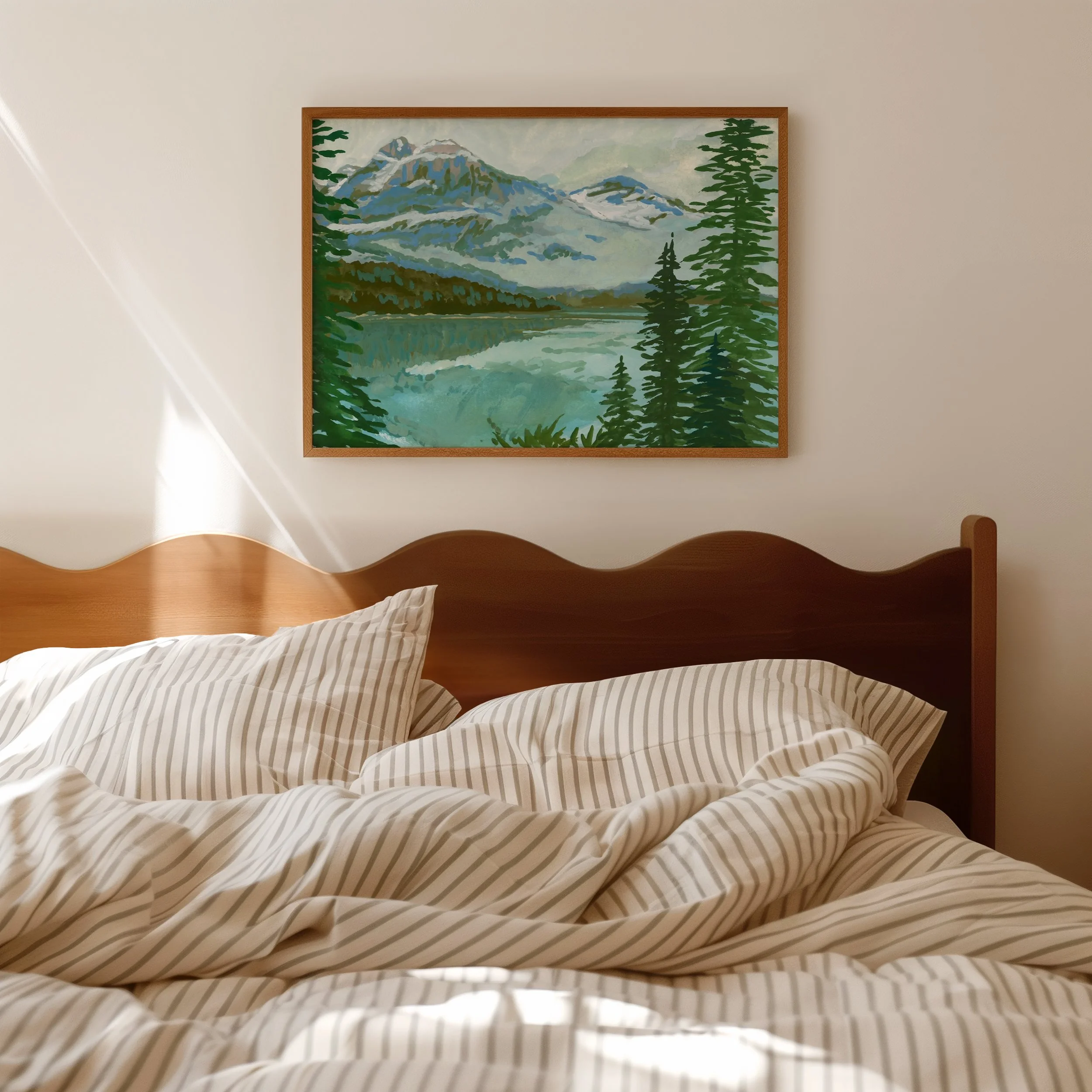 Emerald Lake, Banff National Park mountain gouache landscape wall art print inspired by Spring in the Canadian Rocky Mountains hanging in a bedroom