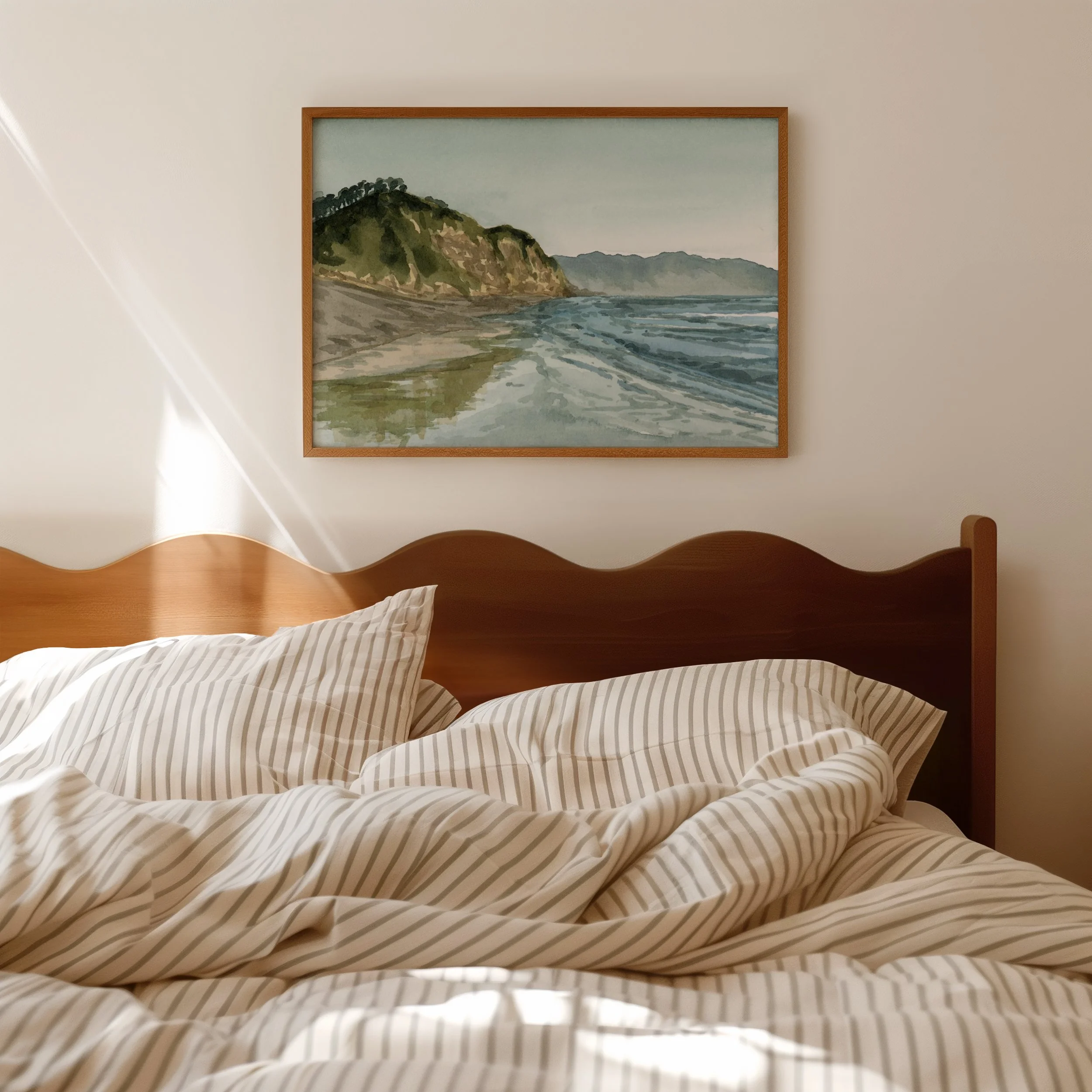 Torrey Pines, San Diego coastal watercolor landscape wall art print inspired by sunny days spent at the beach in Southern California hanging in a bedroom