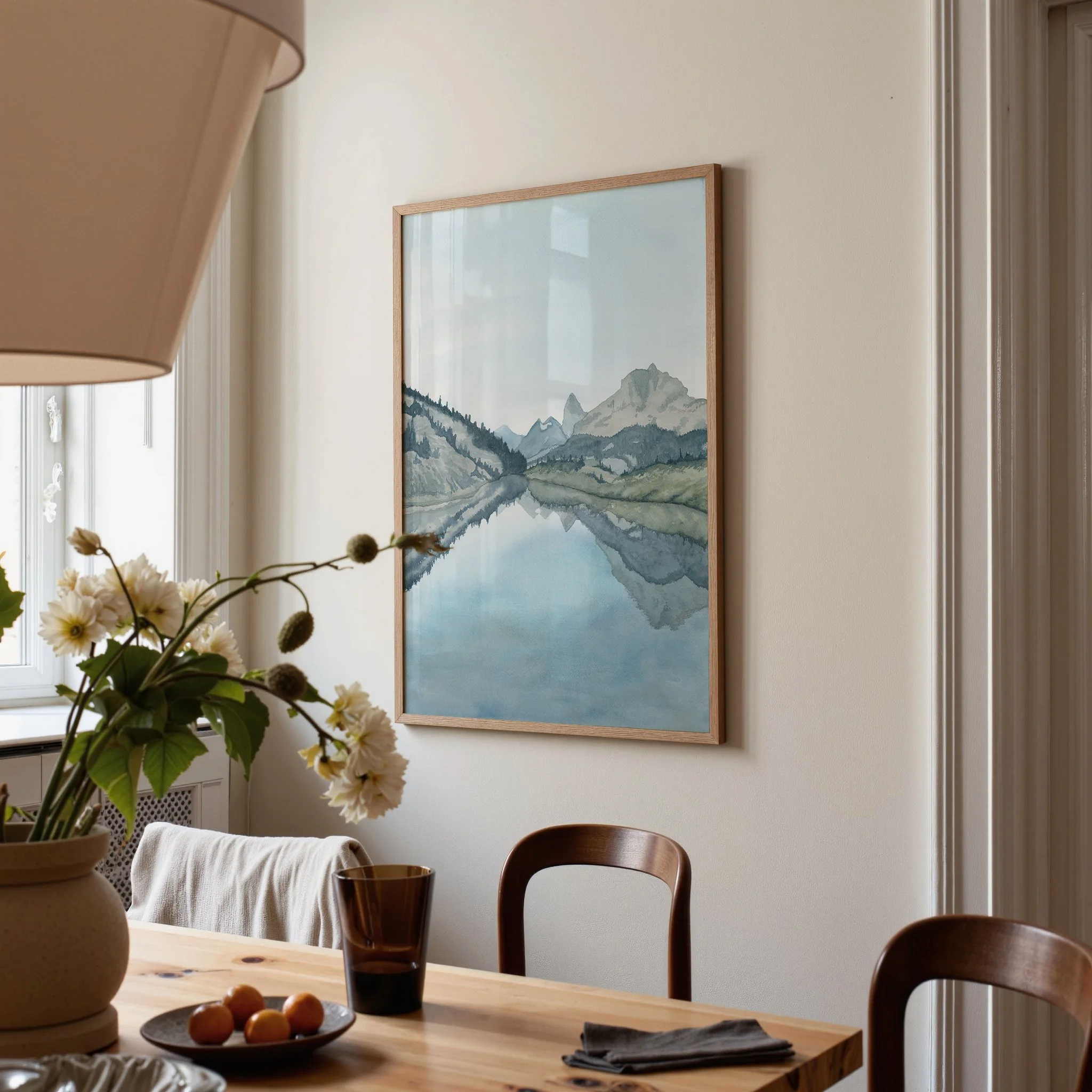 Mount Assiniboine, Banff National Park watercolor mountain landscape wall art print inspired by Canadian Rockies clear blue reflective alpine lakes hanging in a dining room