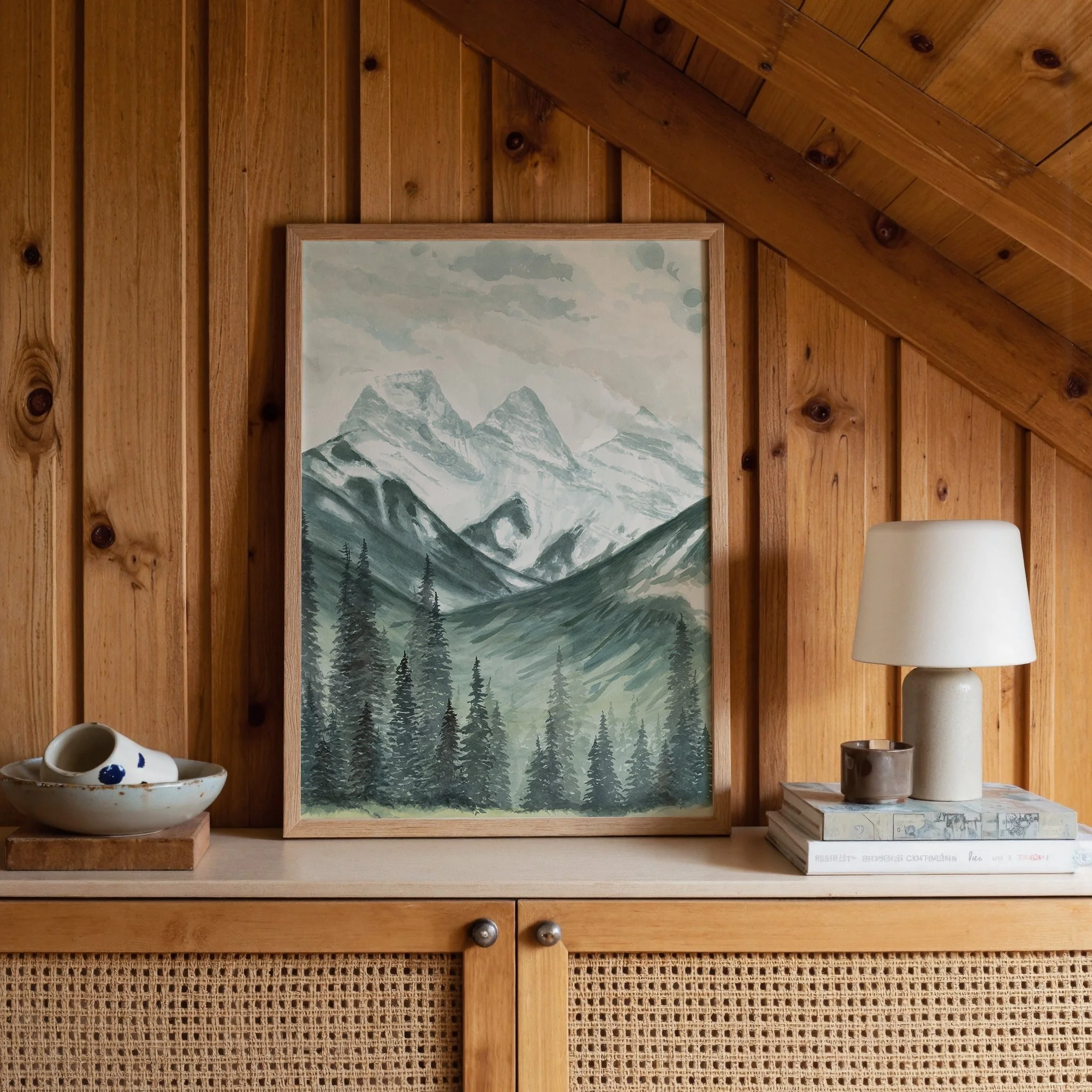 Three Sisters mountains, Canmore Alberta landscape watercolor wall art print inspired by snow capped mountains and towering evergreen trees in the Canadian Rockies hanging in a cabin