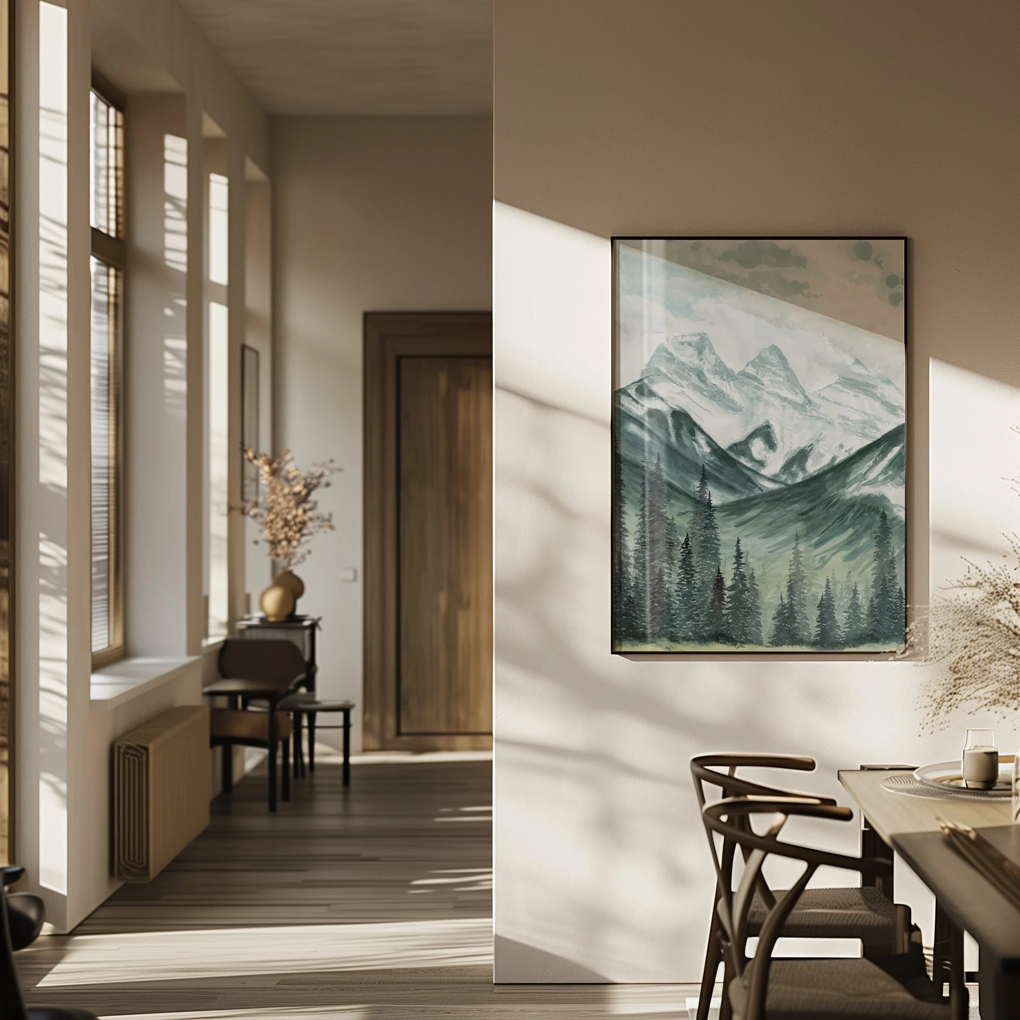 Three Sisters mountains, Canmore Alberta landscape watercolor wall art print inspired by snow capped mountains and towering evergreen trees in the Canadian Rockies hanging in a modern home