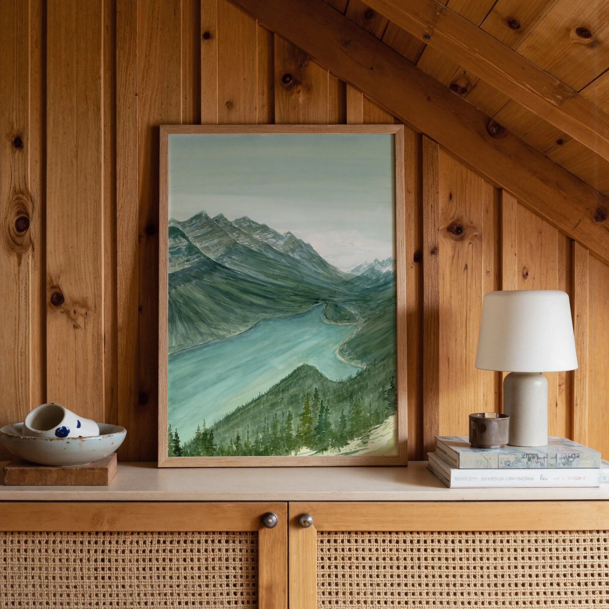 Peyto Lake, Banff National Park watercolor mountain landscape wall art print with turquoise glacier lake and endless towering mountain peaks in the Canadian Rockies hanging in a cabin