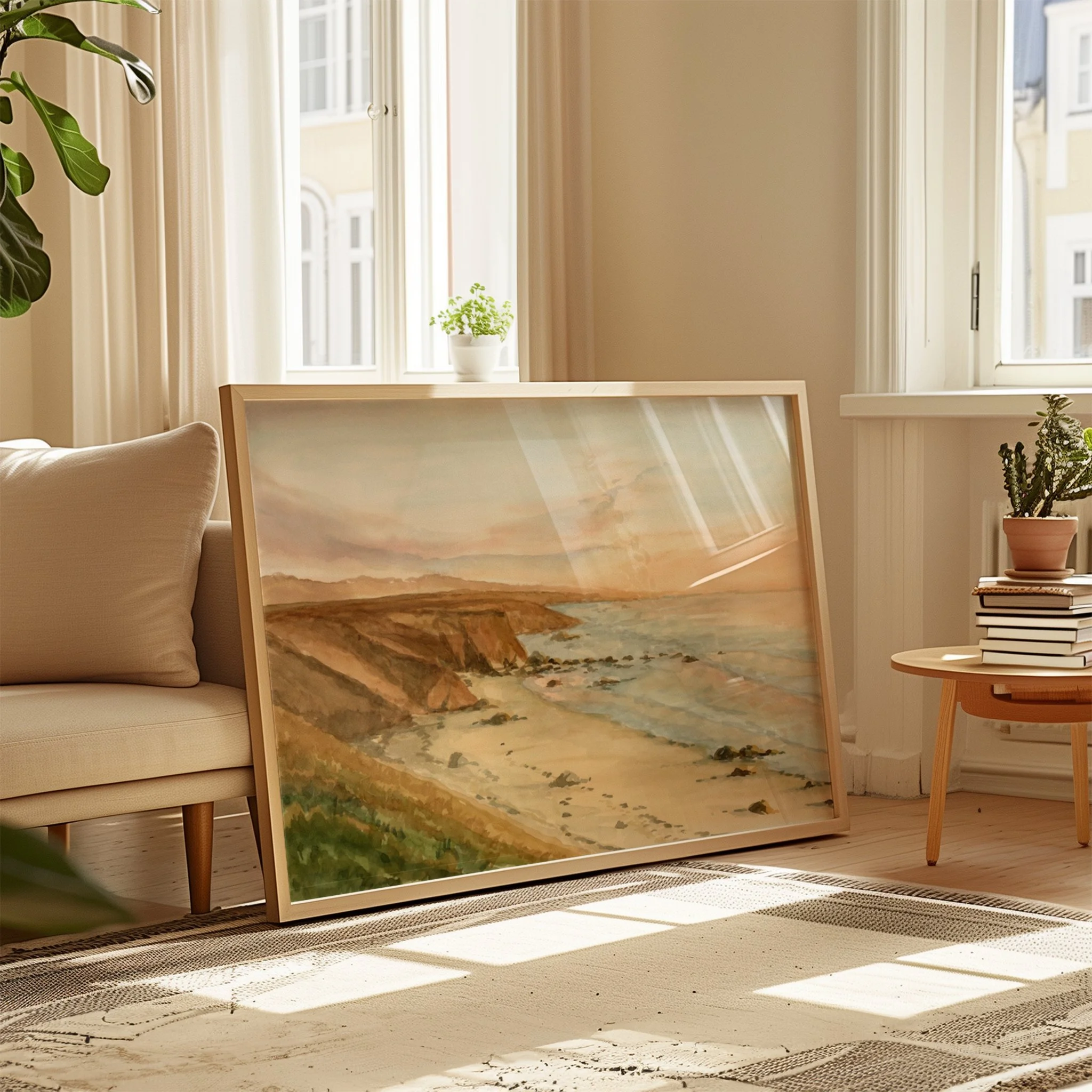 Big Sur watercolor landscape coastal wall art print of a beach golden hour sunset on the coast Pacific Ocean in a living room