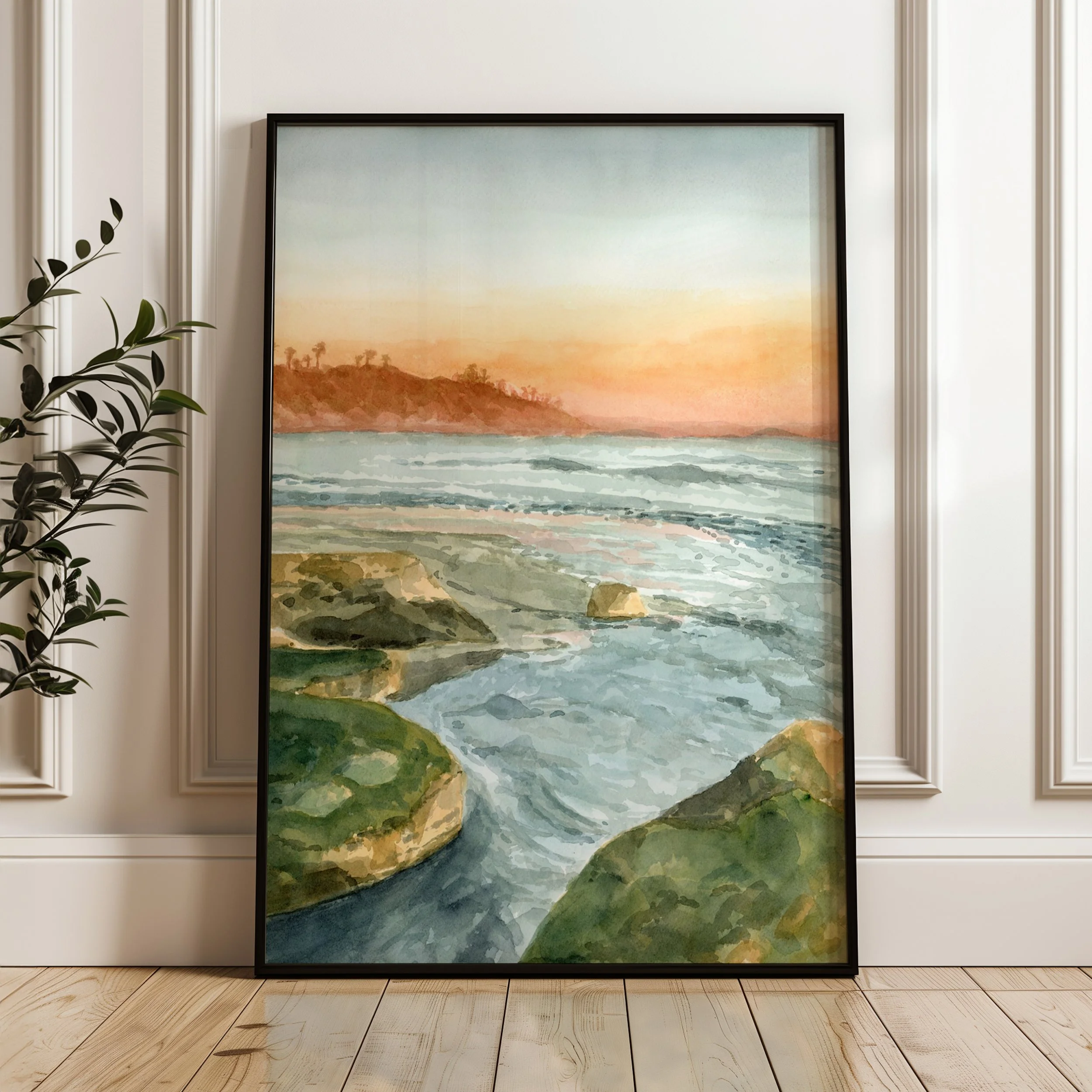 Swami's Beach, Encinitas coastal watercolor landscape wall art print inspired by tide pools along the Southern California coastline during sunset in a black frame