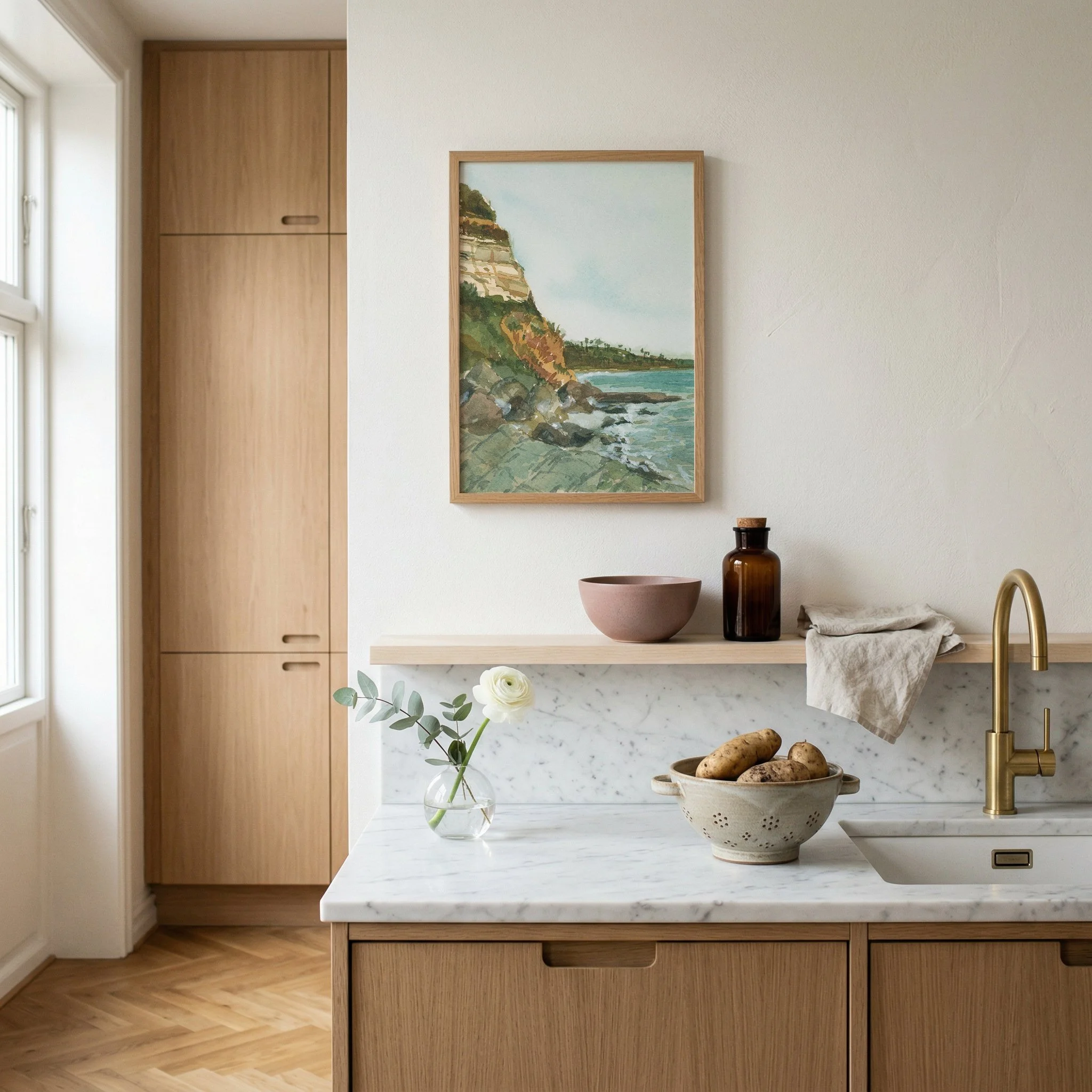 Swami's Beach, Encinitas coastal watercolor landscape wall art print inspired by Southern California's vibrant coastline along the Pacific Ocean hanging in a kitchen