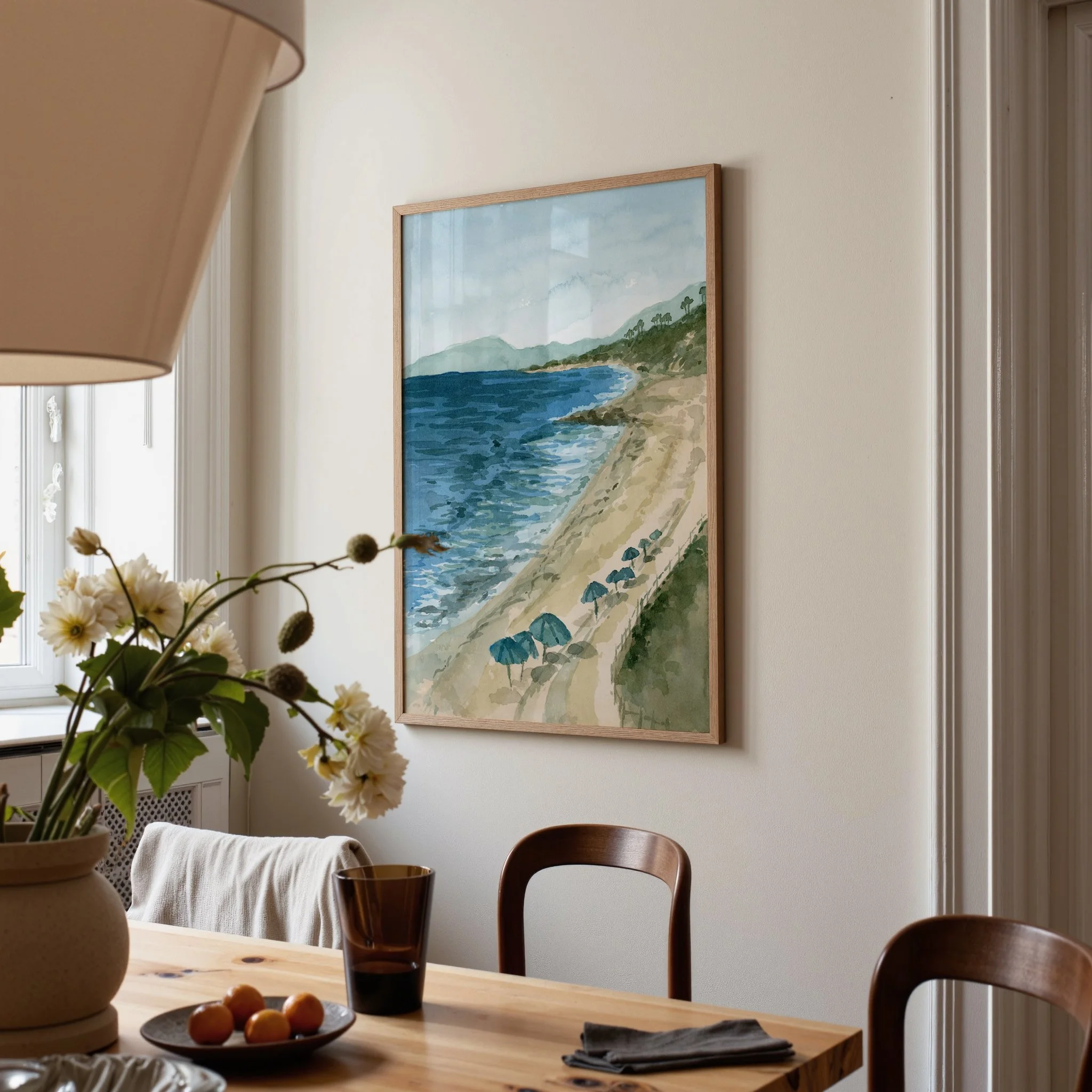 Carlsbad, California coastal watercolor landscape wall art print. San Diego seascape beach Southern California giclee fine art framed and hanging in a dining room