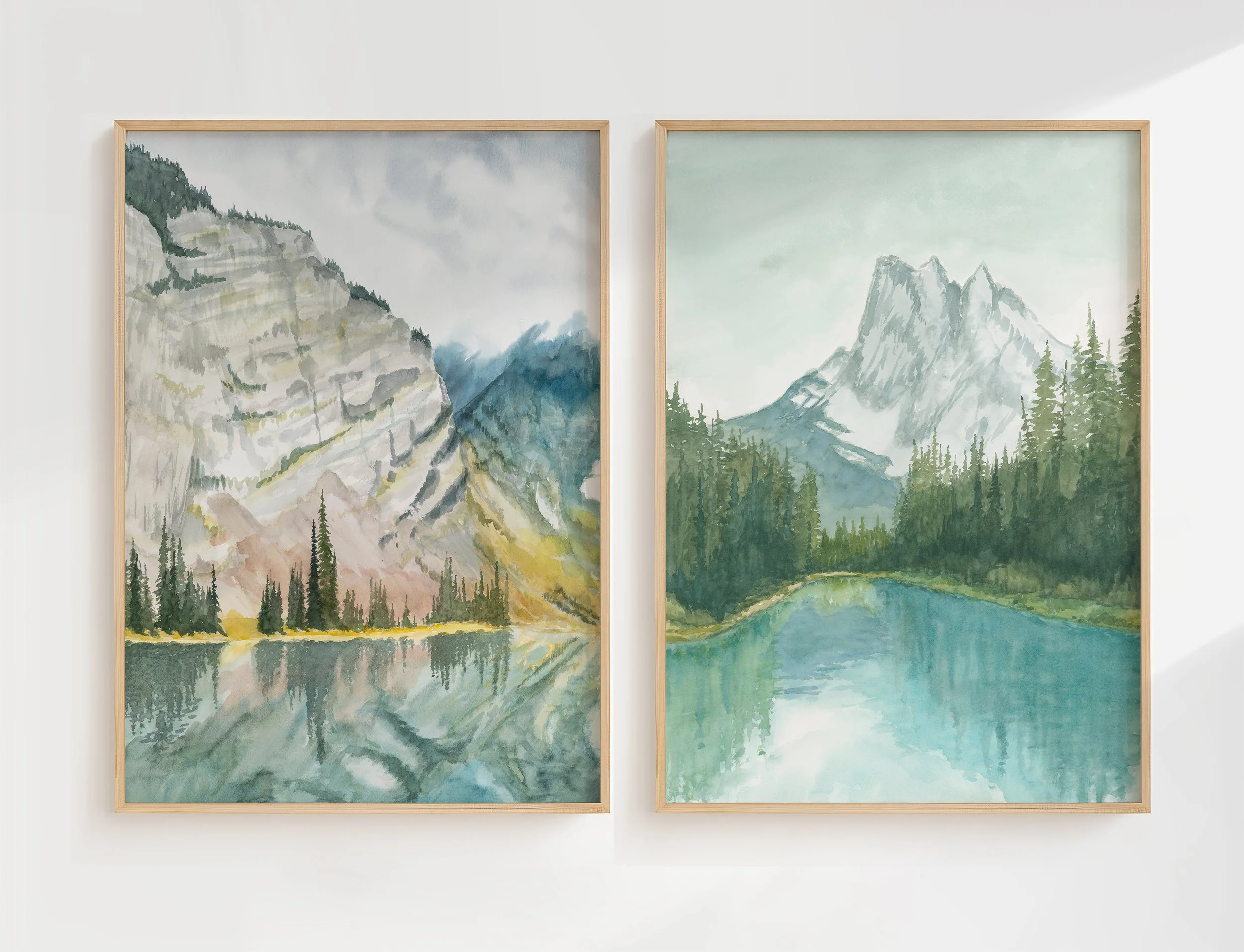 Canadian Rockies mountain watercolour landscape art Print Pair including Kananaskis and Emerald Lake by Rebecca Sobbi