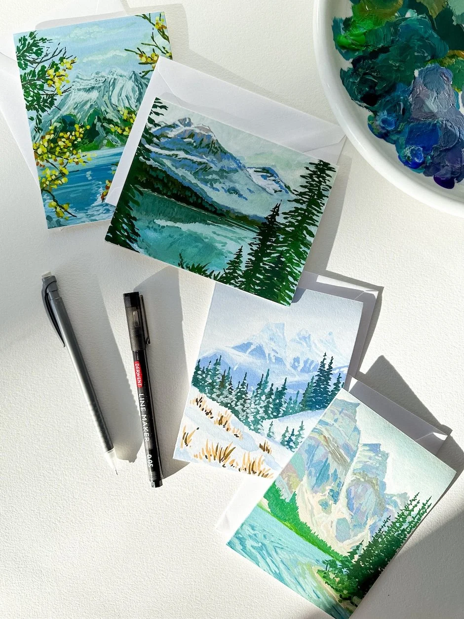 a set of landscape art cards inspired by 4 seasons in the Canadian Rocky Mountains