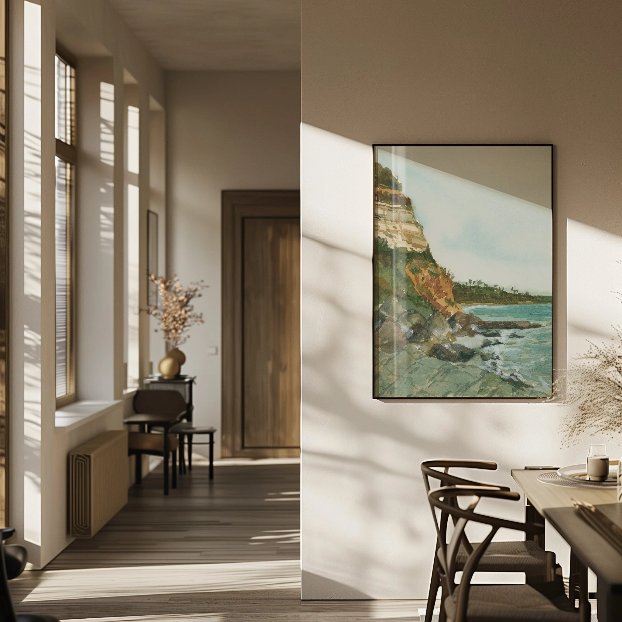 Swami's Beach, Encinitas coastal watercolor landscape wall art print inspired by Southern California's vibrant coastline along the Pacific Ocean hanging in a modern home