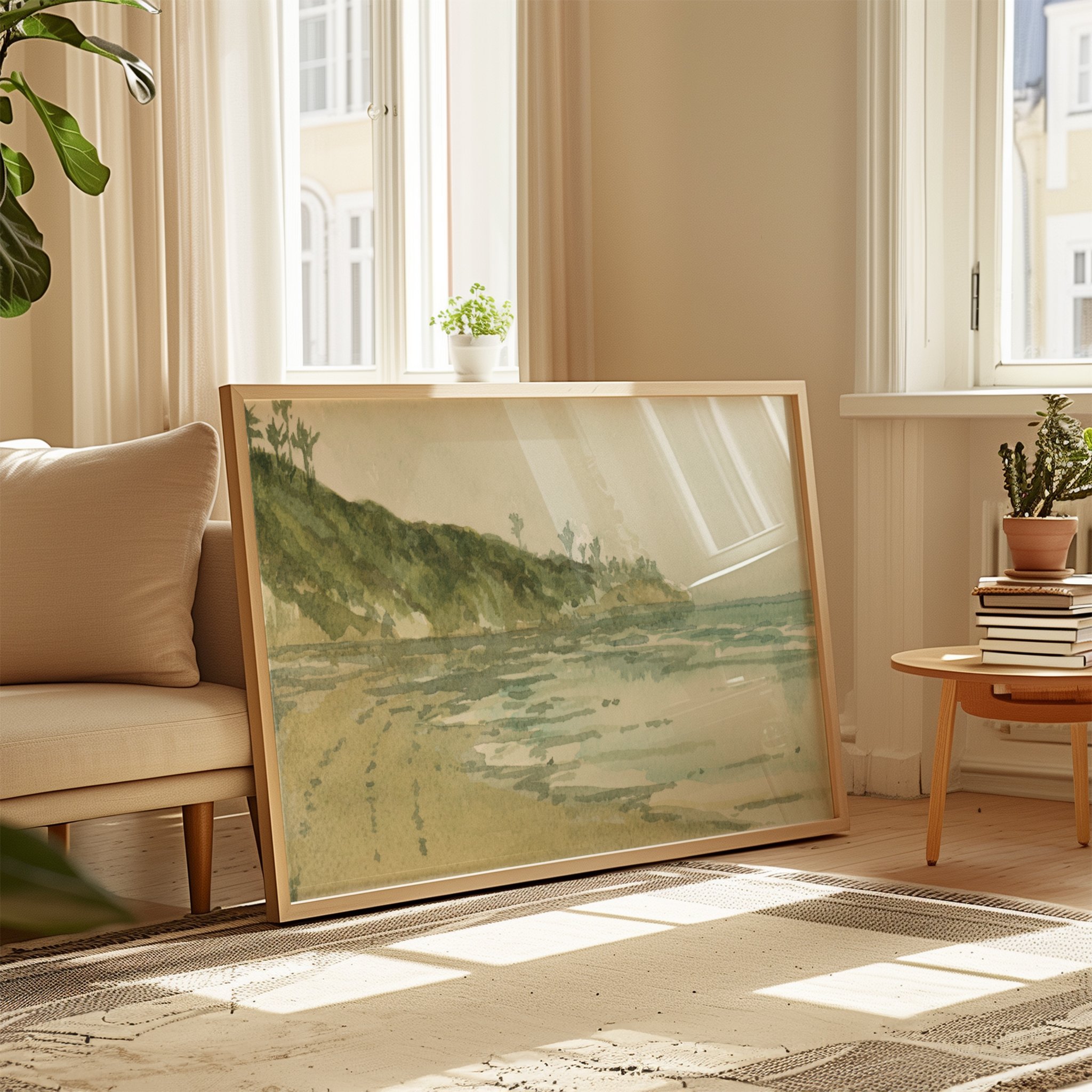 Swami's beach coastal watercolor landscape wall art print from Encinitas, California inspired by an afternoon Sunday walk along the peaceful, warm Pacific Ocean in a living room