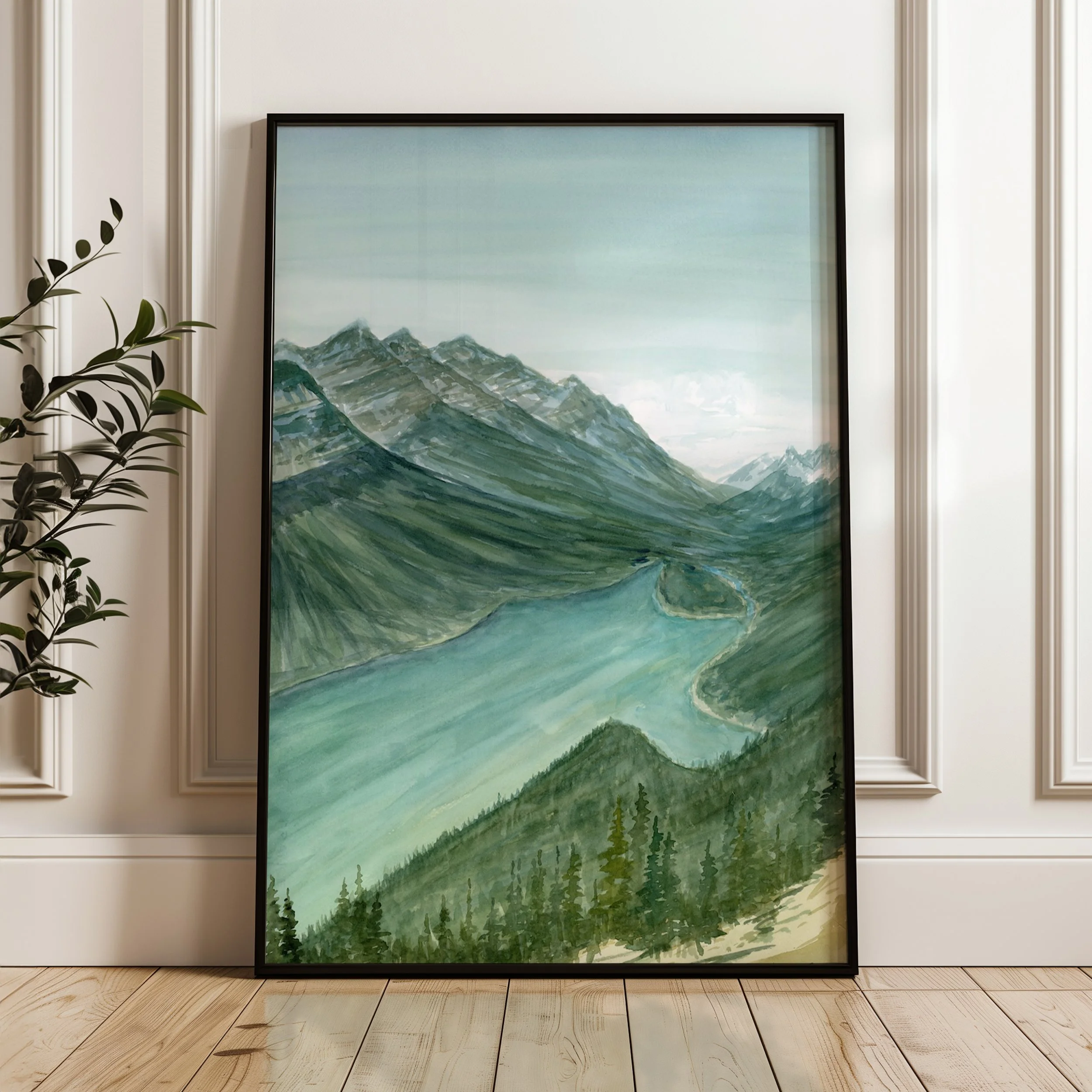Peyto Lake, Banff National Park watercolor mountain landscape wall art print with turquoise glacier lake and endless towering mountain peaks in the Canadian Rockies in a black frame