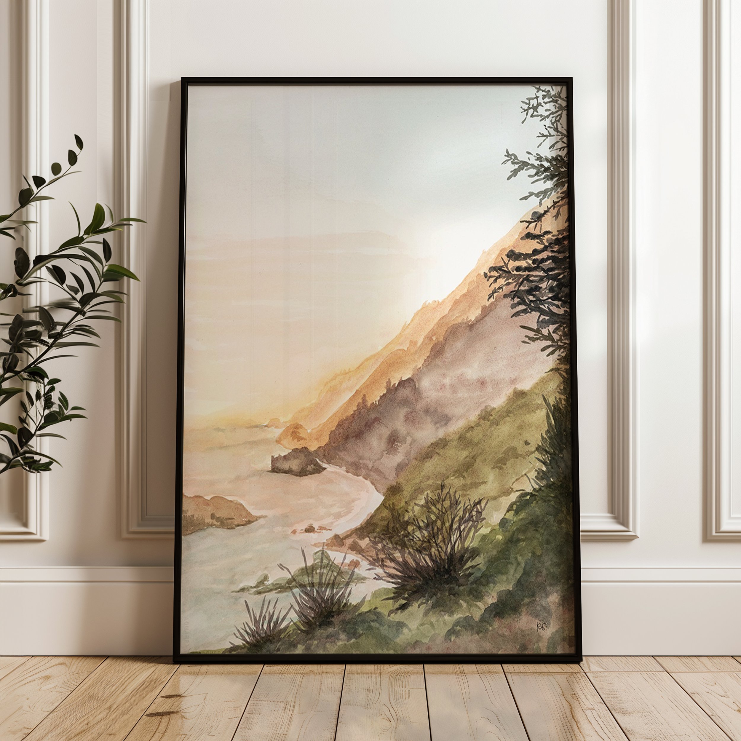 Watercolor landscape wall art print of Big Sur on the California Coast at Sunset golden hour on the Pacific Ocean in a black frame