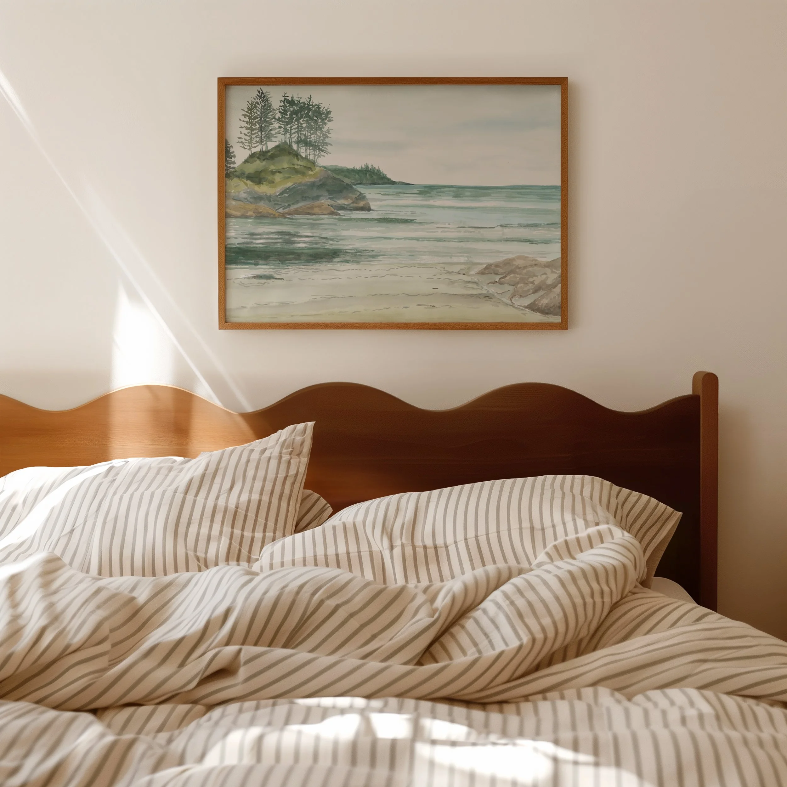 Chesterman Beach, Tofino, Vancouver Island coastal watercolor landscape painting of fog rolling off the coast hanging above a bed