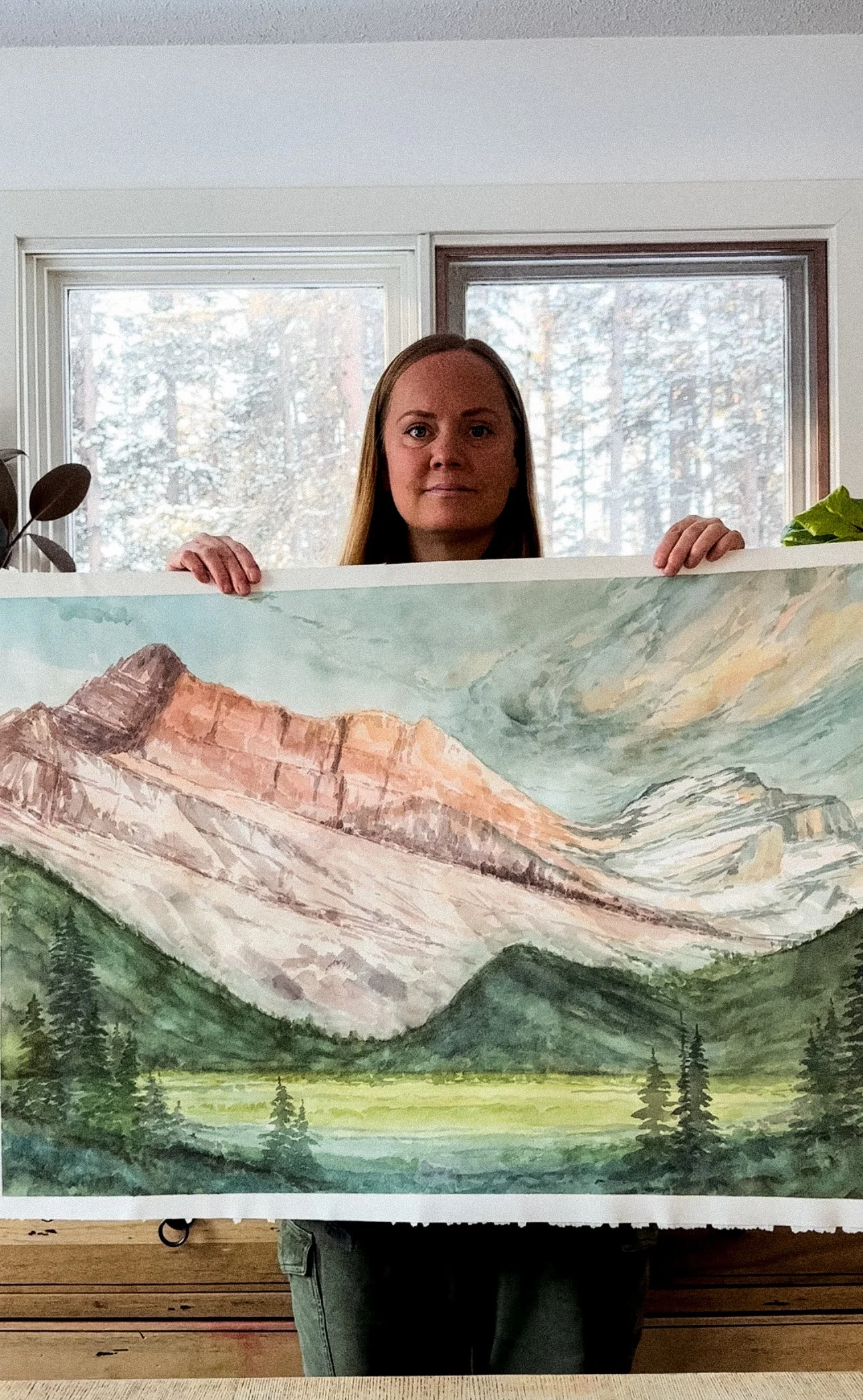 Large Mountain Watercolor Landscape Commissioned Painting of the Canadian Rockies in Alberta