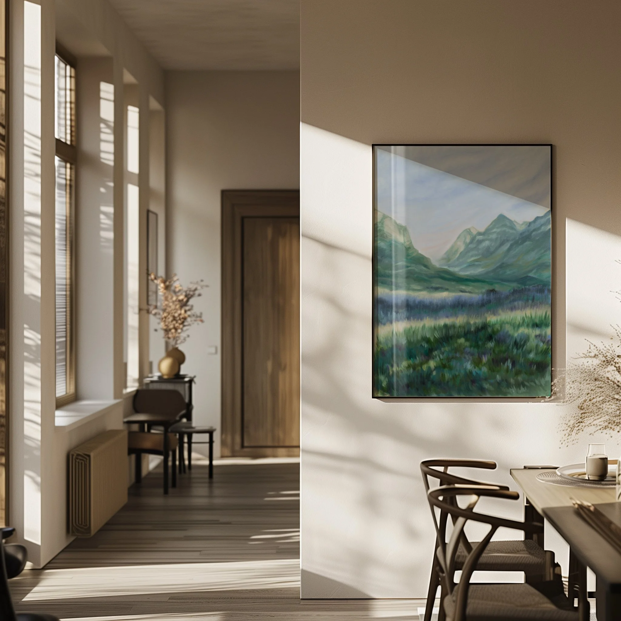 Waterton National Park mountain landscape wall art print inspired by the lush meadows and towering mountain peaks in Waterton, Alberta hanging in a dining room