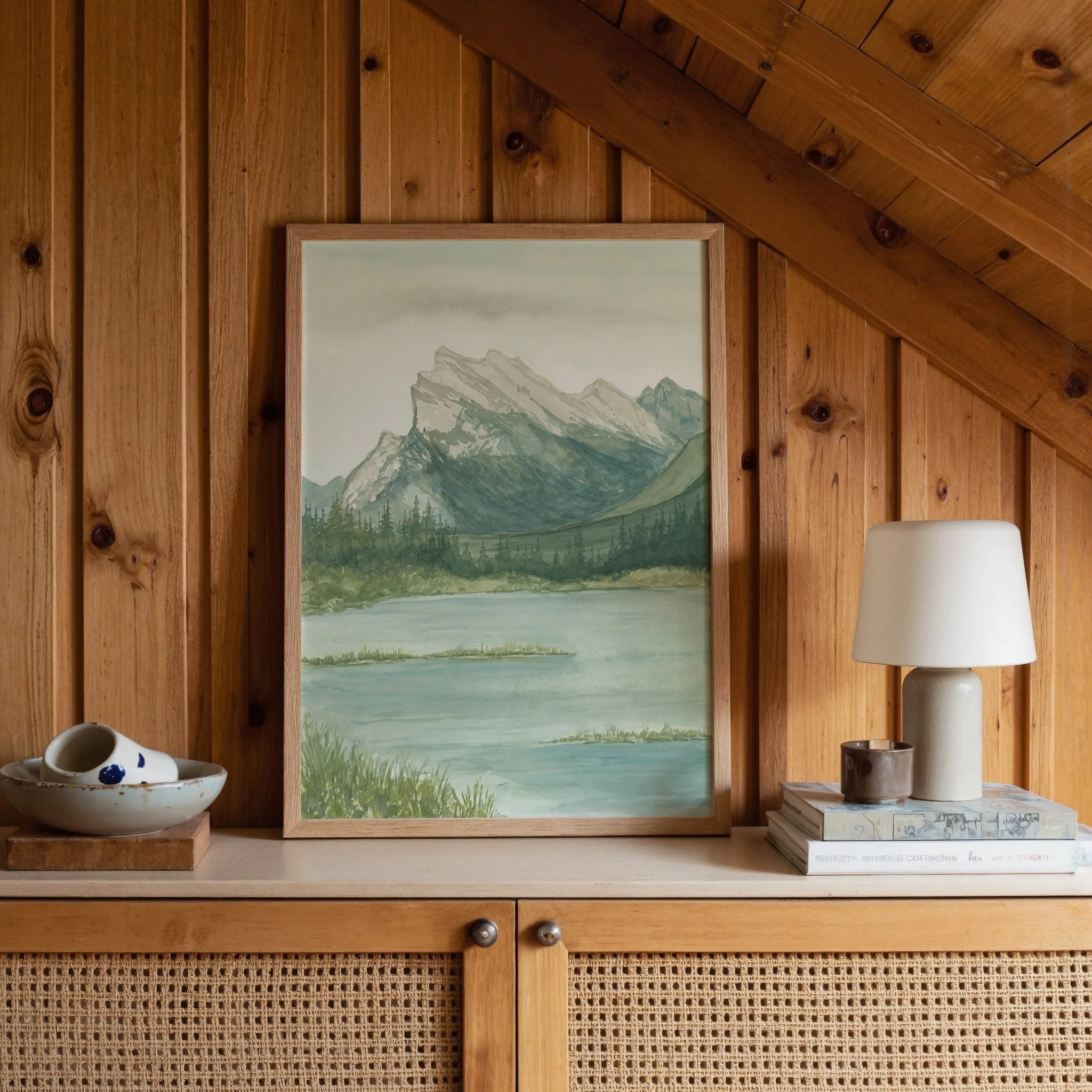 Mount Rundle, Banff National Park watercolor mountain landscape wall art print inspired by natural alpine peaks, glacier lakes and the beauty of the Canadian Rockies hanging in a cabin