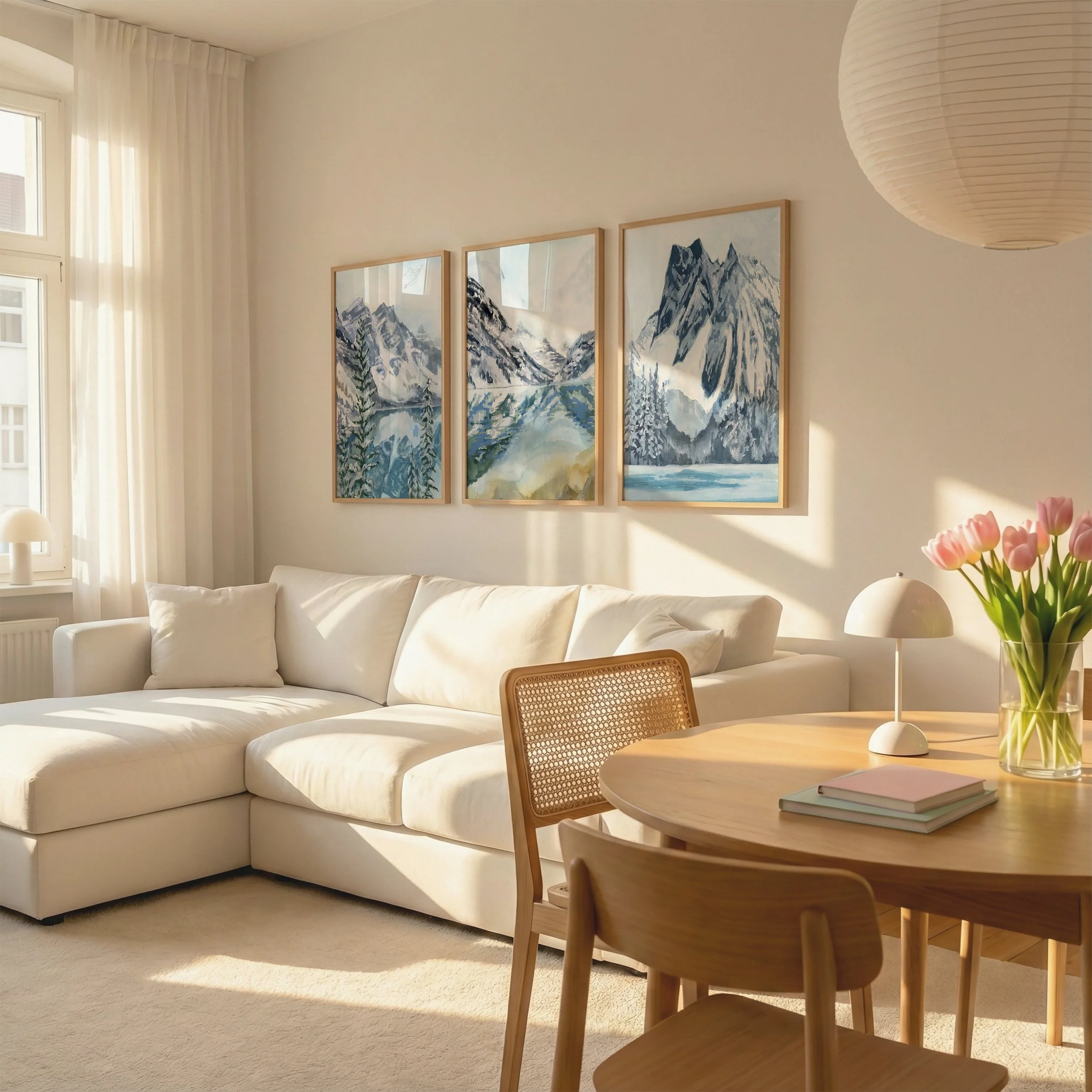 Winter in the Rockies Watercolor Landscape Art prints from Lake Louise, Moraine Lake, and Emerald Lake in Banff National Park. Snow covered mountain peaks in a set of three hanging above a couch