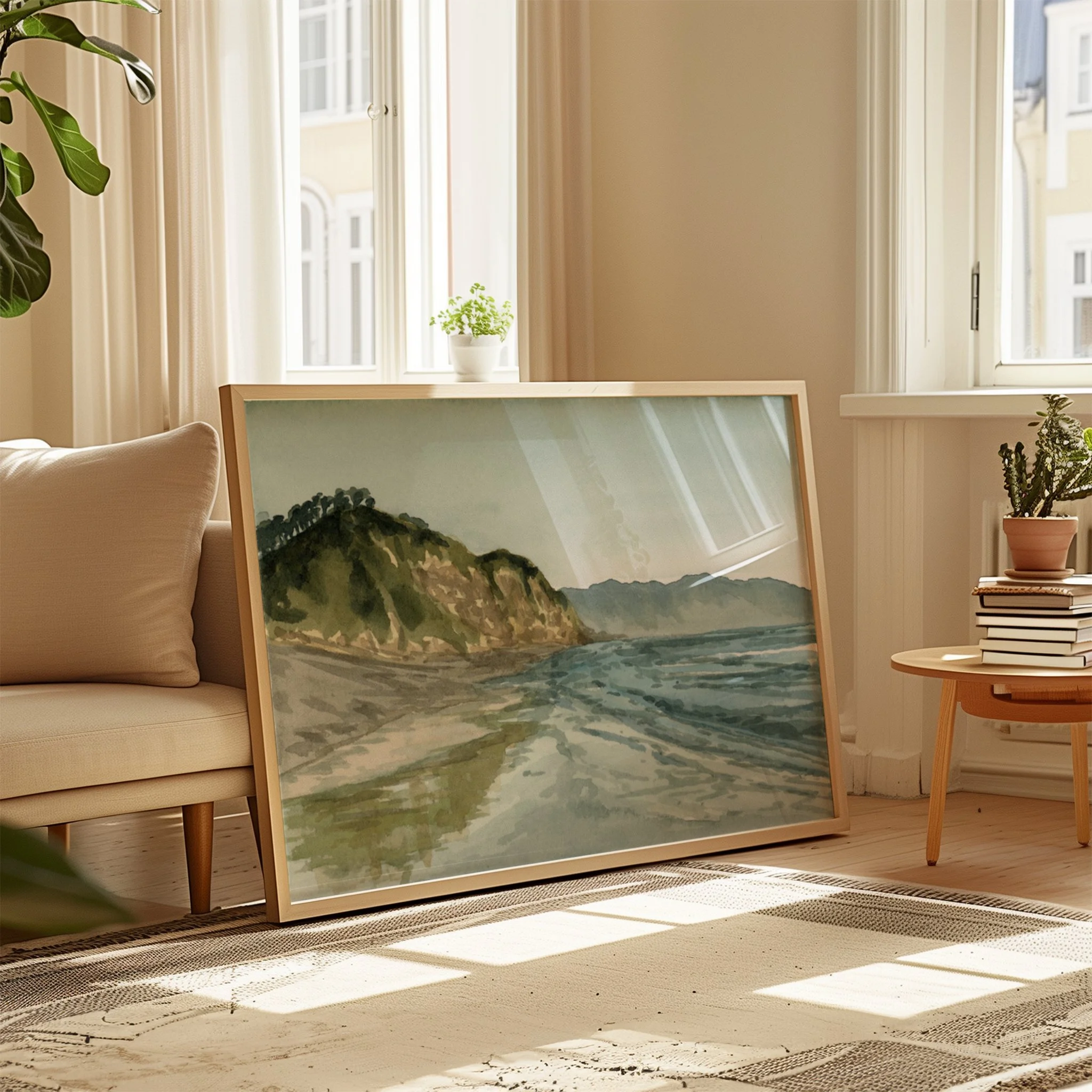 Torrey Pines, San Diego coastal watercolor landscape wall art print inspired by sunny days spent at the beach in Southern California in a living room