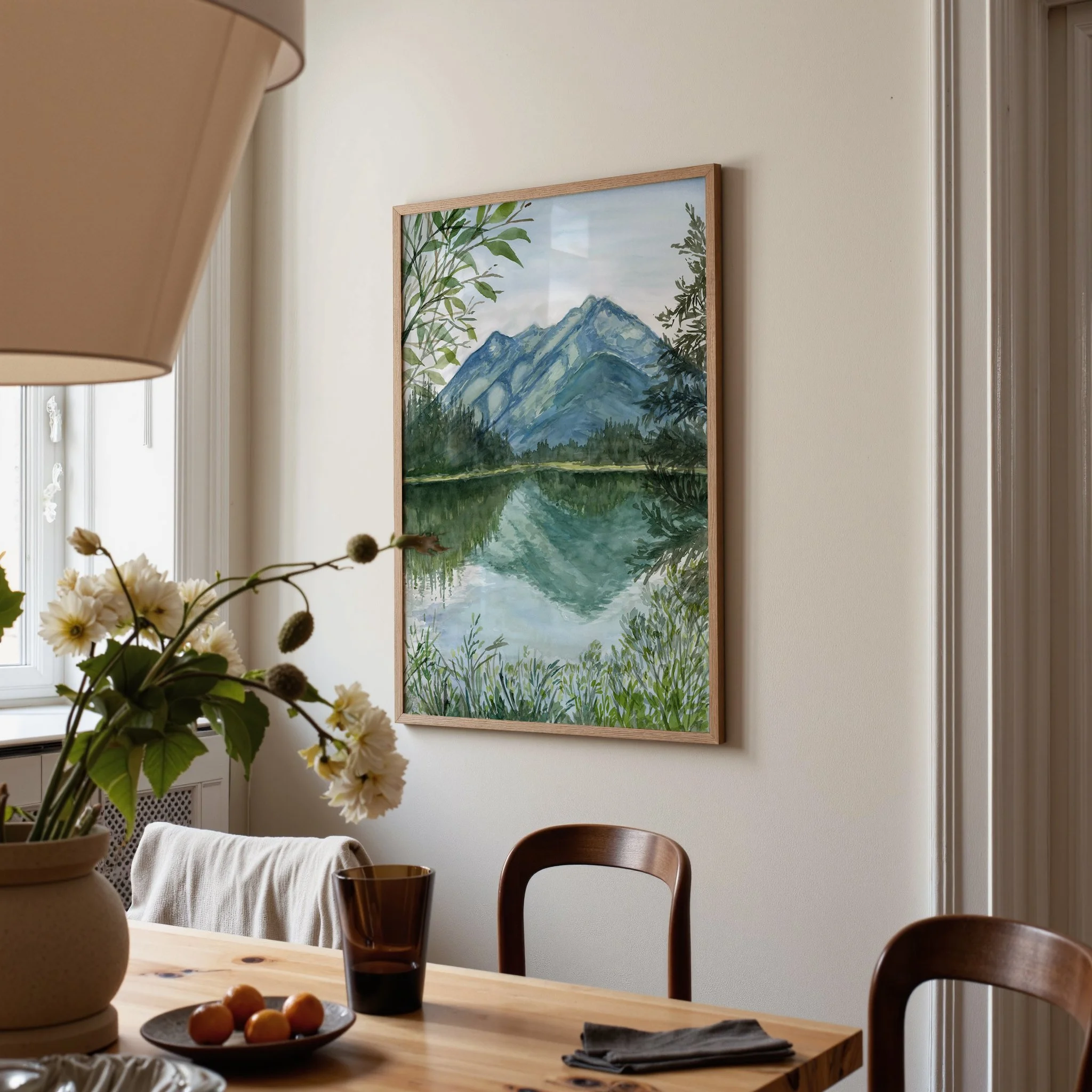 Banff national park river walk watercolor nature landscape wall art print of the bow river in the Canadian Rockies framed in a dining room