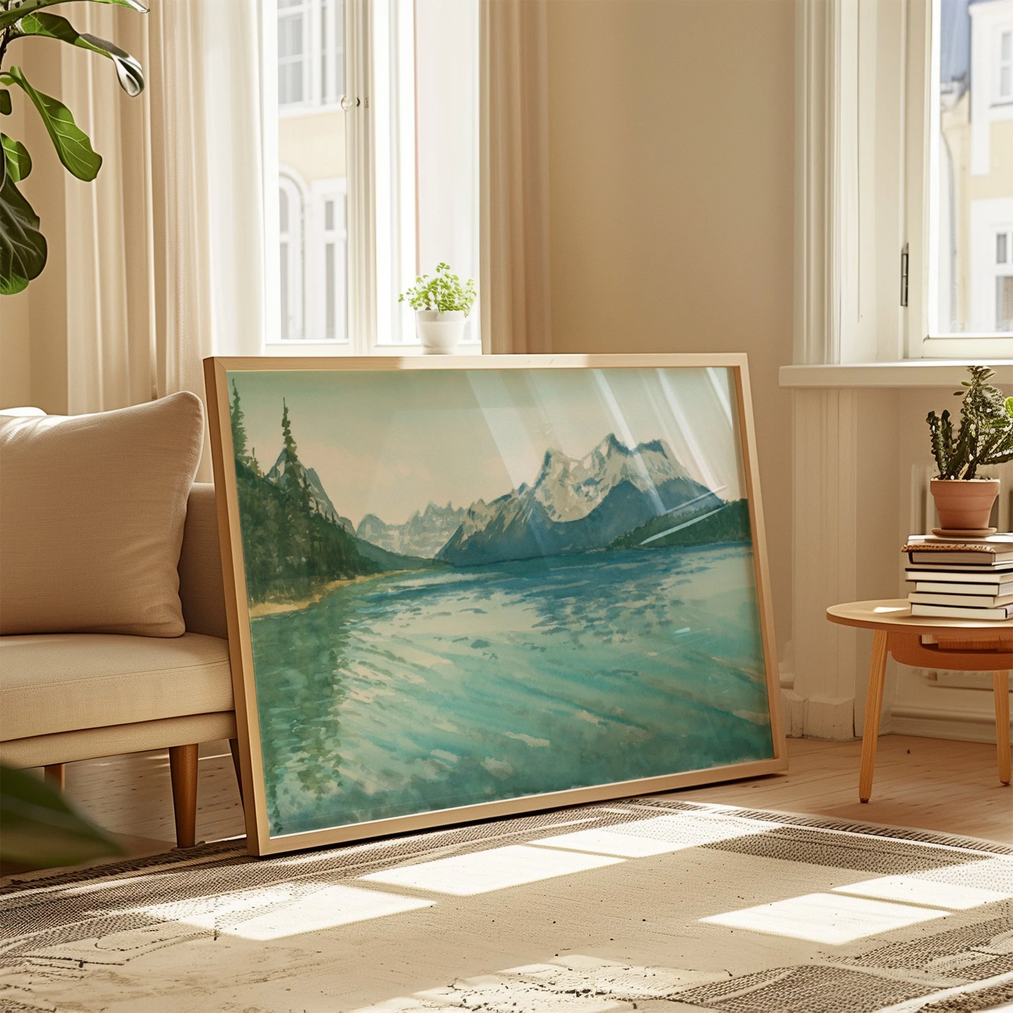 Maligne Lake Jasper National Park Watercolor Landscape Painting in a living room
