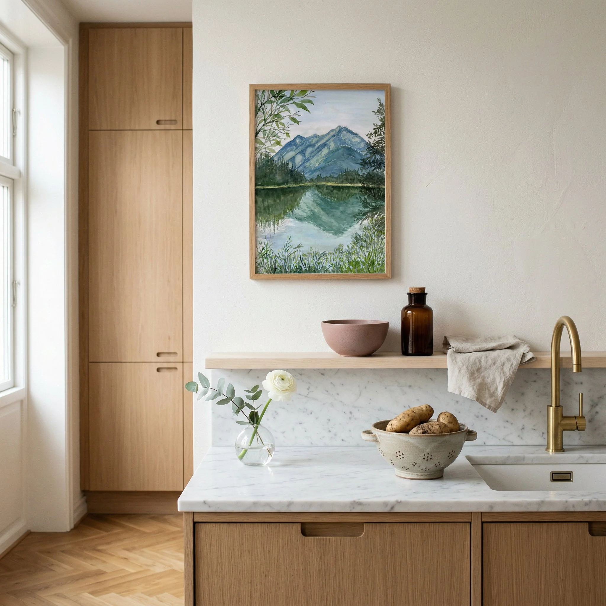 Banff national park river walk watercolor nature landscape wall art print of the bow river in the Canadian Rockies framed in a kitchen