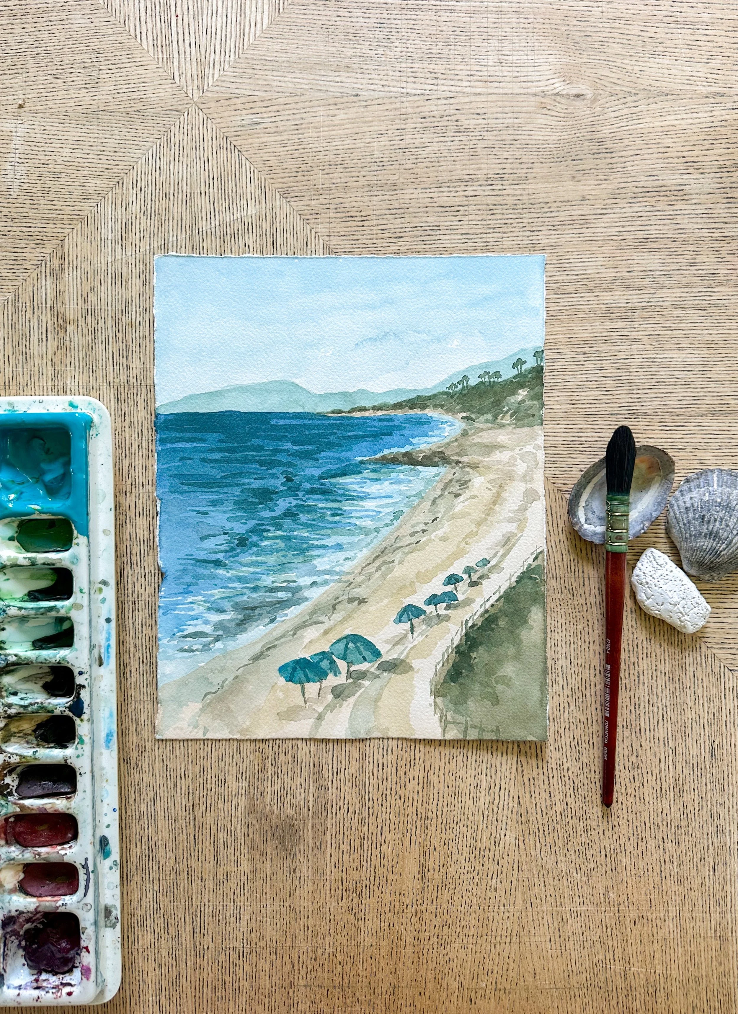 “Soak in the Sunshine” Original Coastal Landscape Watercolor Painting inspired by Southern Carlsbad Beach