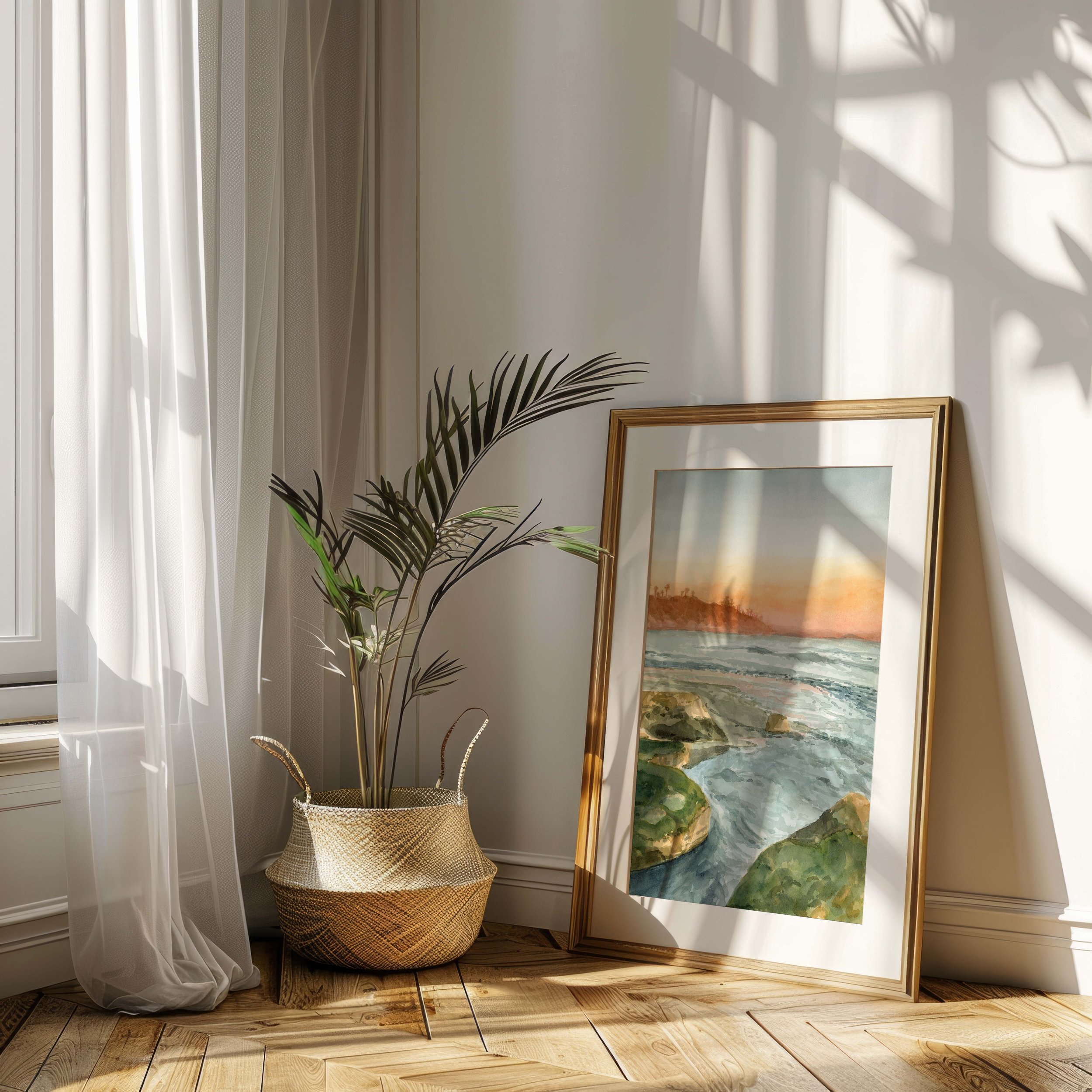 Swami's Beach, Encinitas coastal watercolor landscape wall art print inspired by tide pools along the Southern California coastline during sunset hanging in a sunny corner