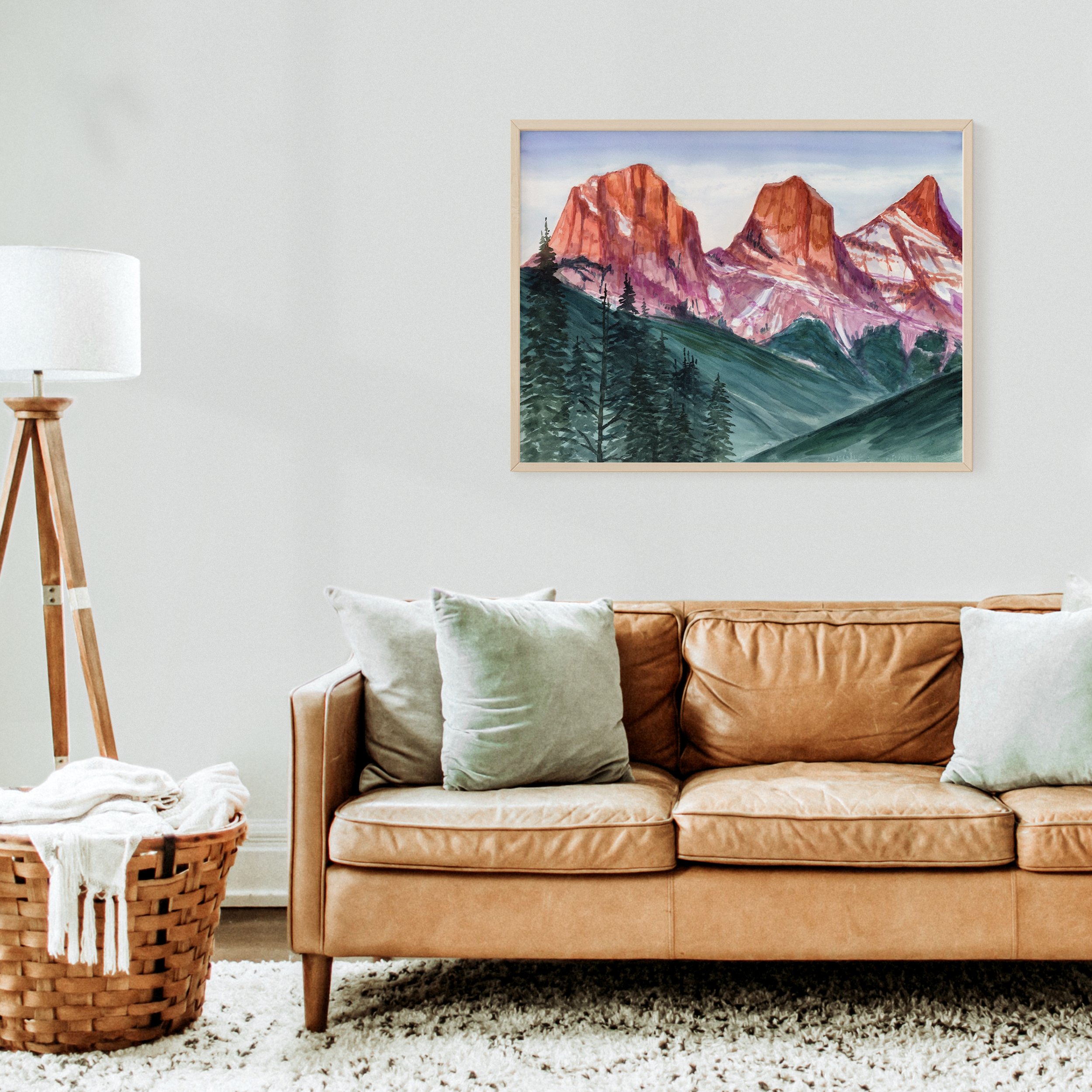 Three Sisters, Canmore Alberta, Banff Mountain landscape at sunset with vibrant colours on mountain peaks hanging in a living room