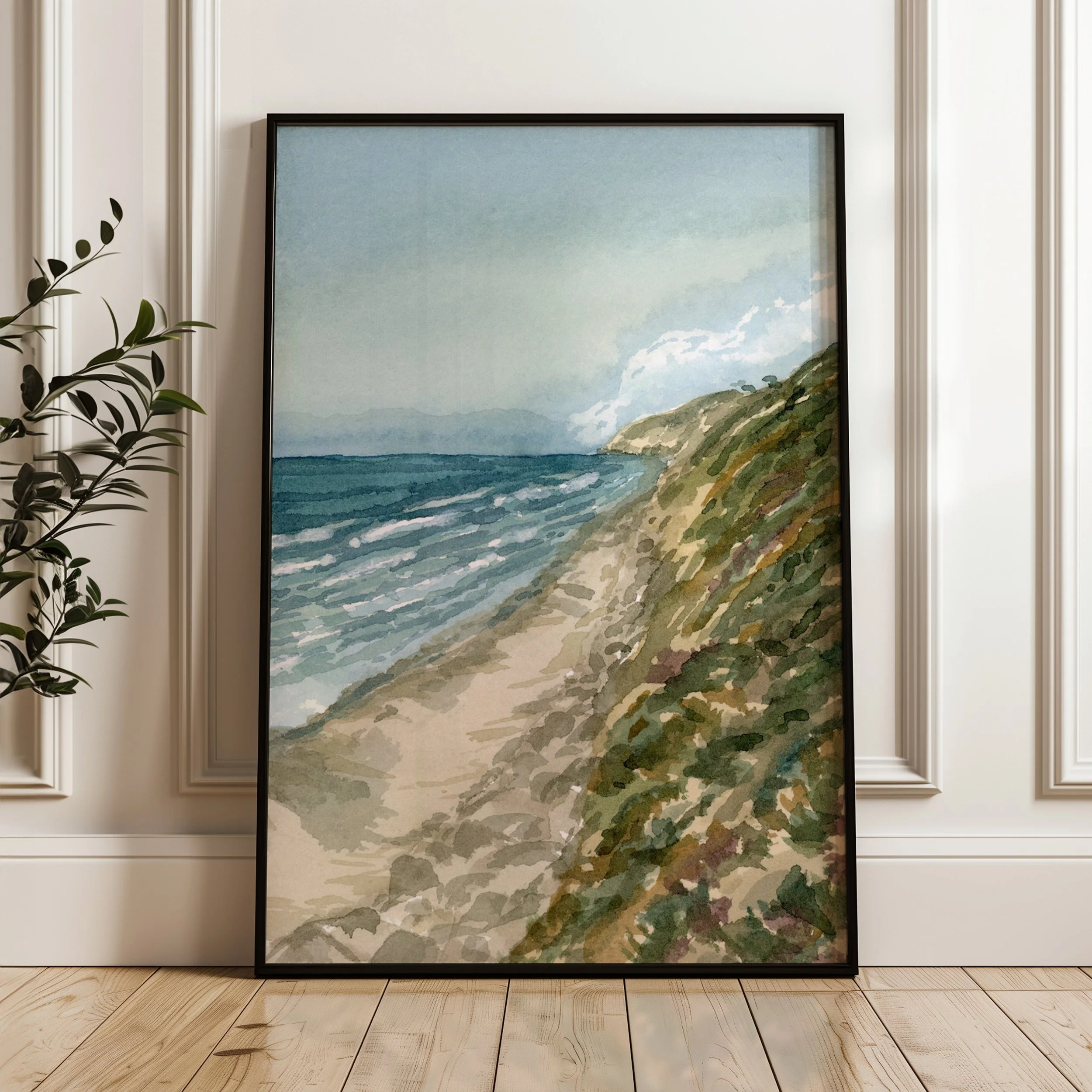 Torrey Pines, San Diego coastal watercolor landscape wall art print inspired by a sunny day spent on the beach on the shoreline of Southern California in a black frame