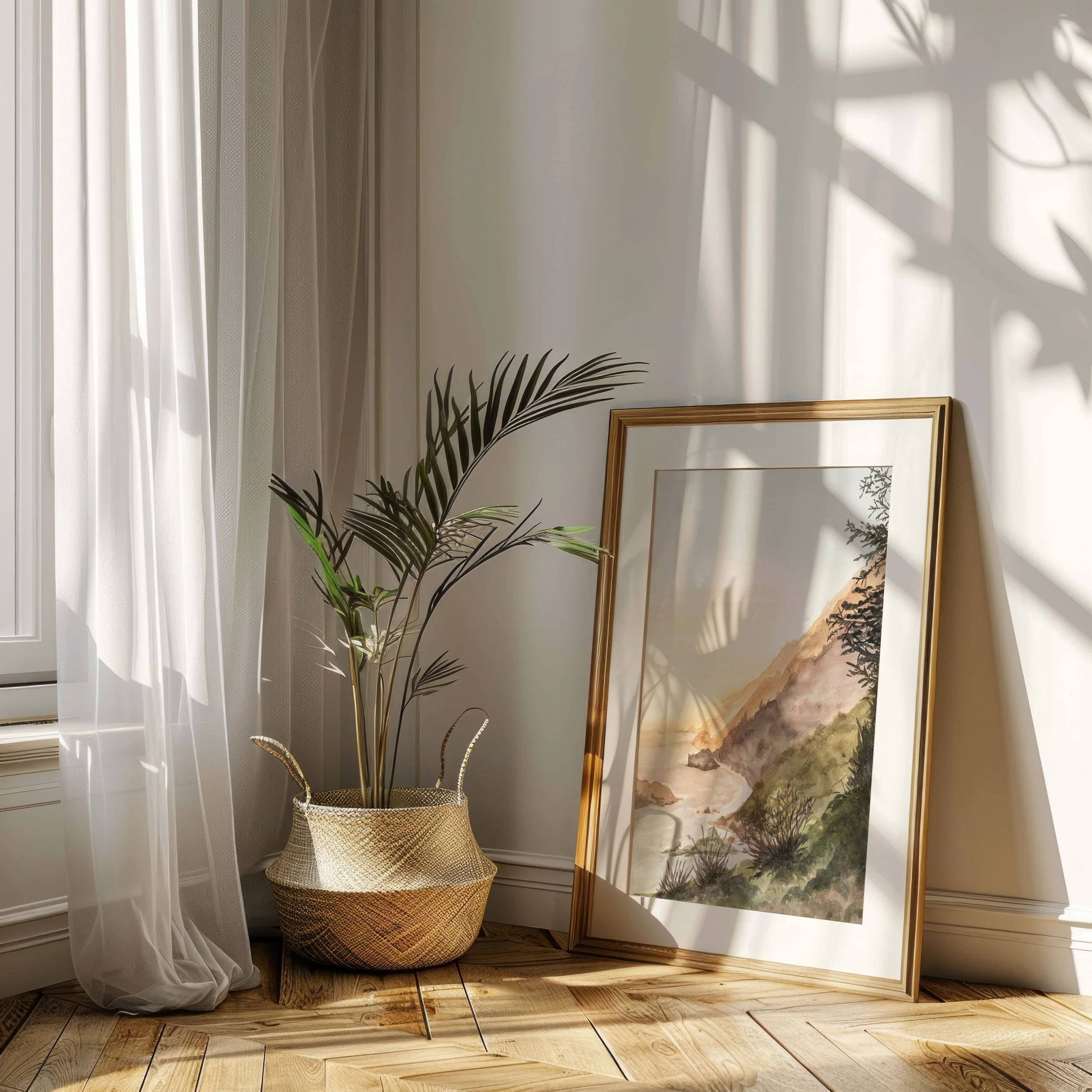 Watercolor landscape wall art print of Big Sur on the California Coast at Sunset golden hour on the Pacific Ocean in a sunny corner