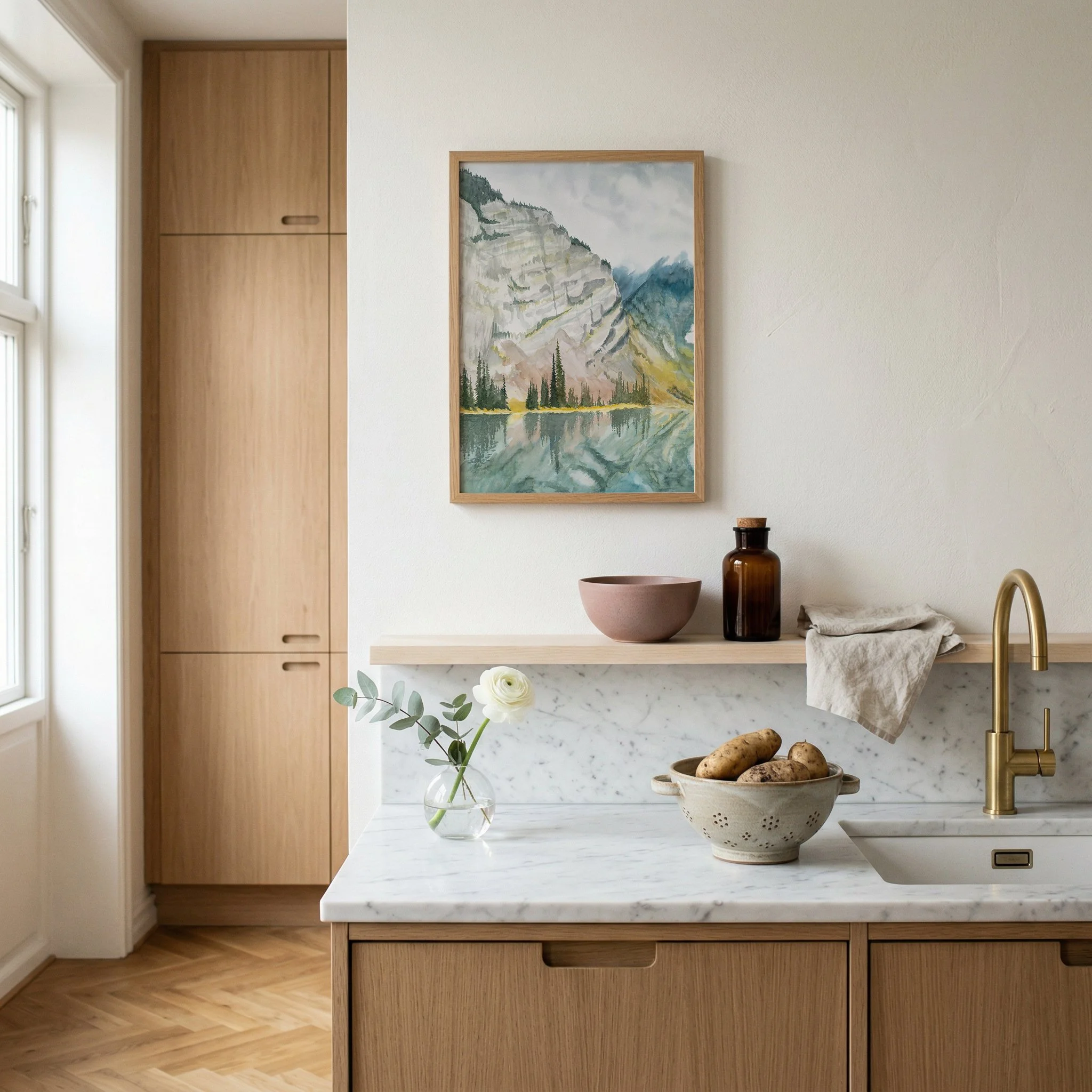 Kananaskis Mountain Landscape Art Print displayed in a kitchen