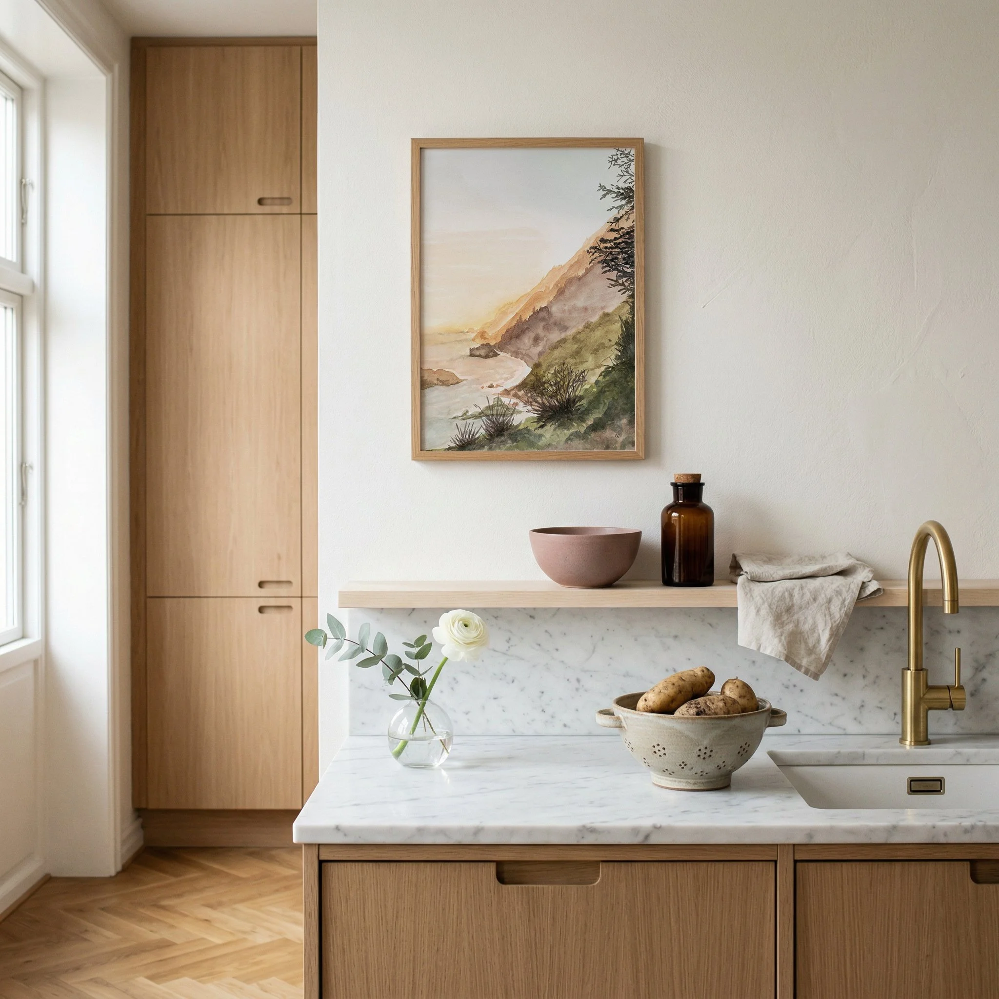 Watercolor landscape wall art print of Big Sur on the California Coast at Sunset golden hour on the Pacific Ocean in a kitchen