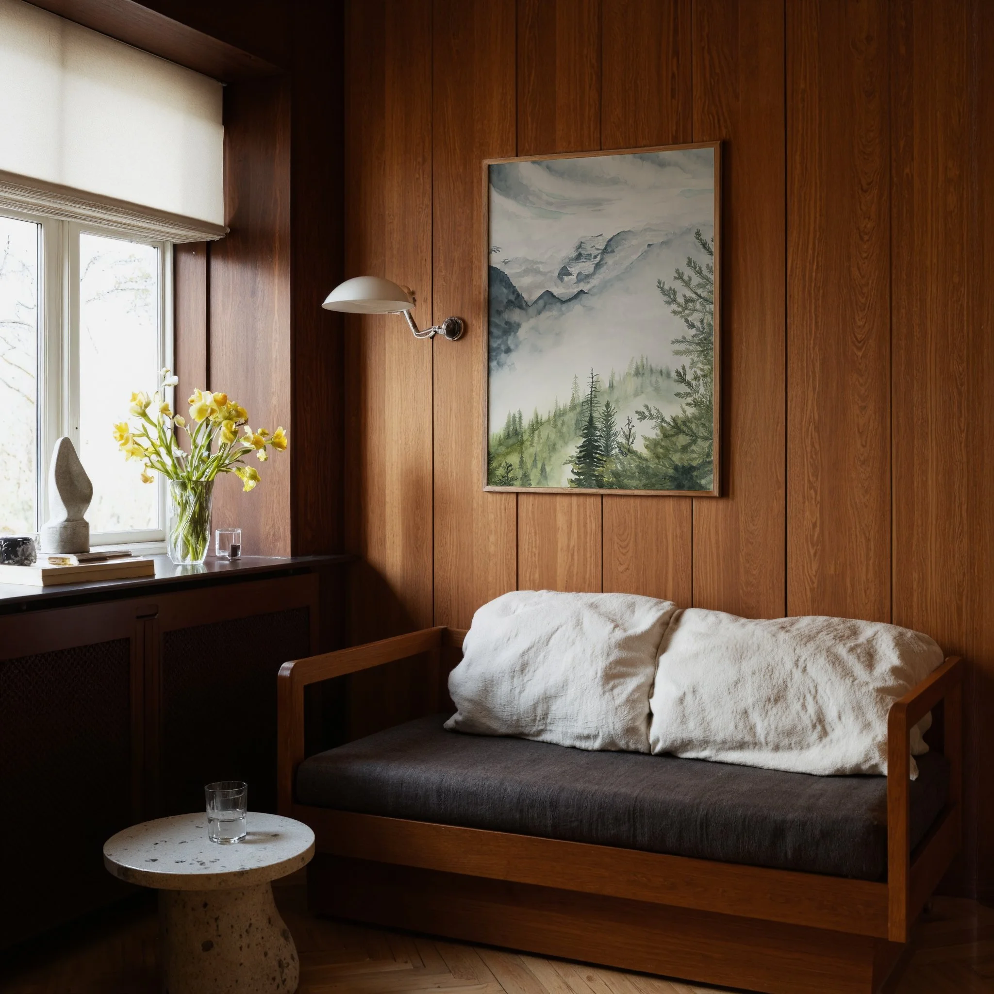 Banff National Park misty mountain atmospheric watercolor landscape wall art print inspired by the hiking summit on Canadian Rockies in winter hanging in a cabin